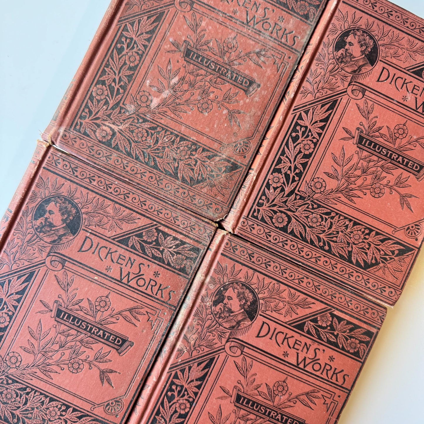 Antique Red Charles Dickens Book Set for Decor and Book Shelf Styling