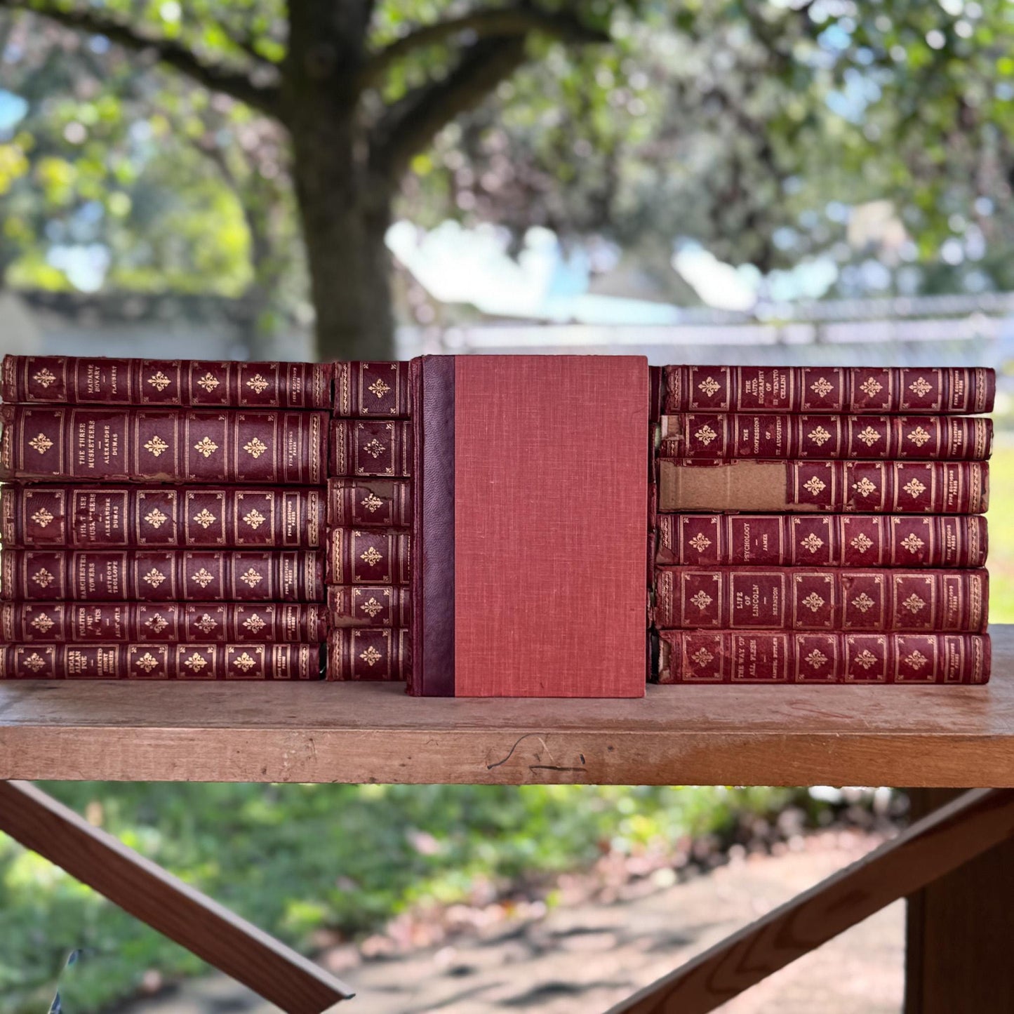 Vintage Mid Century Red & Gold Fine Editions Set – Shabby Decorative Leather Classic Literature Books