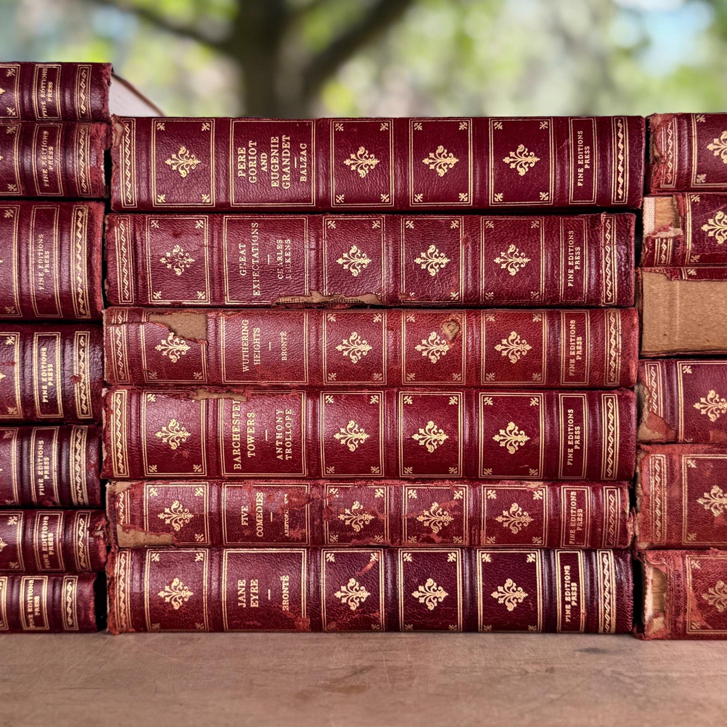Vintage Mid Century Red & Gold Fine Editions Set – Shabby Decorative Leather Classic Literature Books