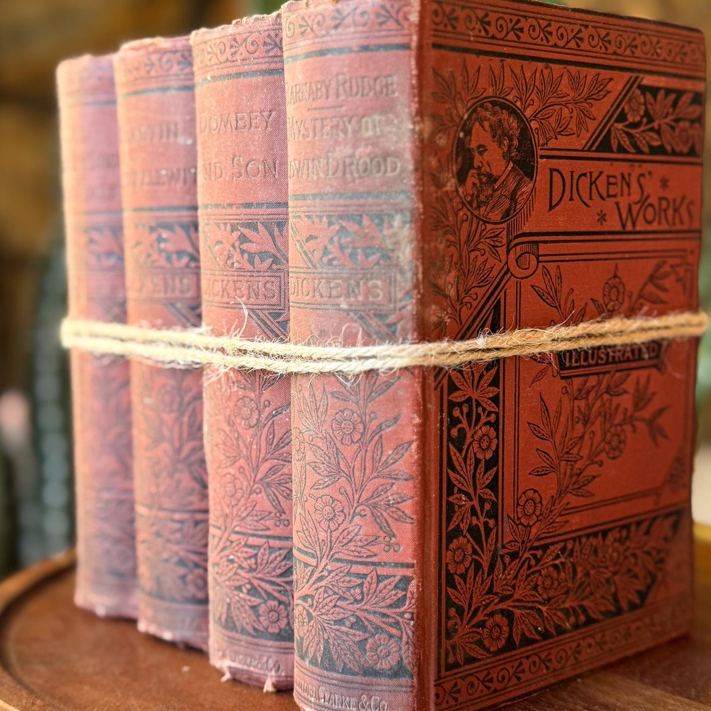 Antique Red Charles Dickens Book Set for Decor and Book Shelf Styling