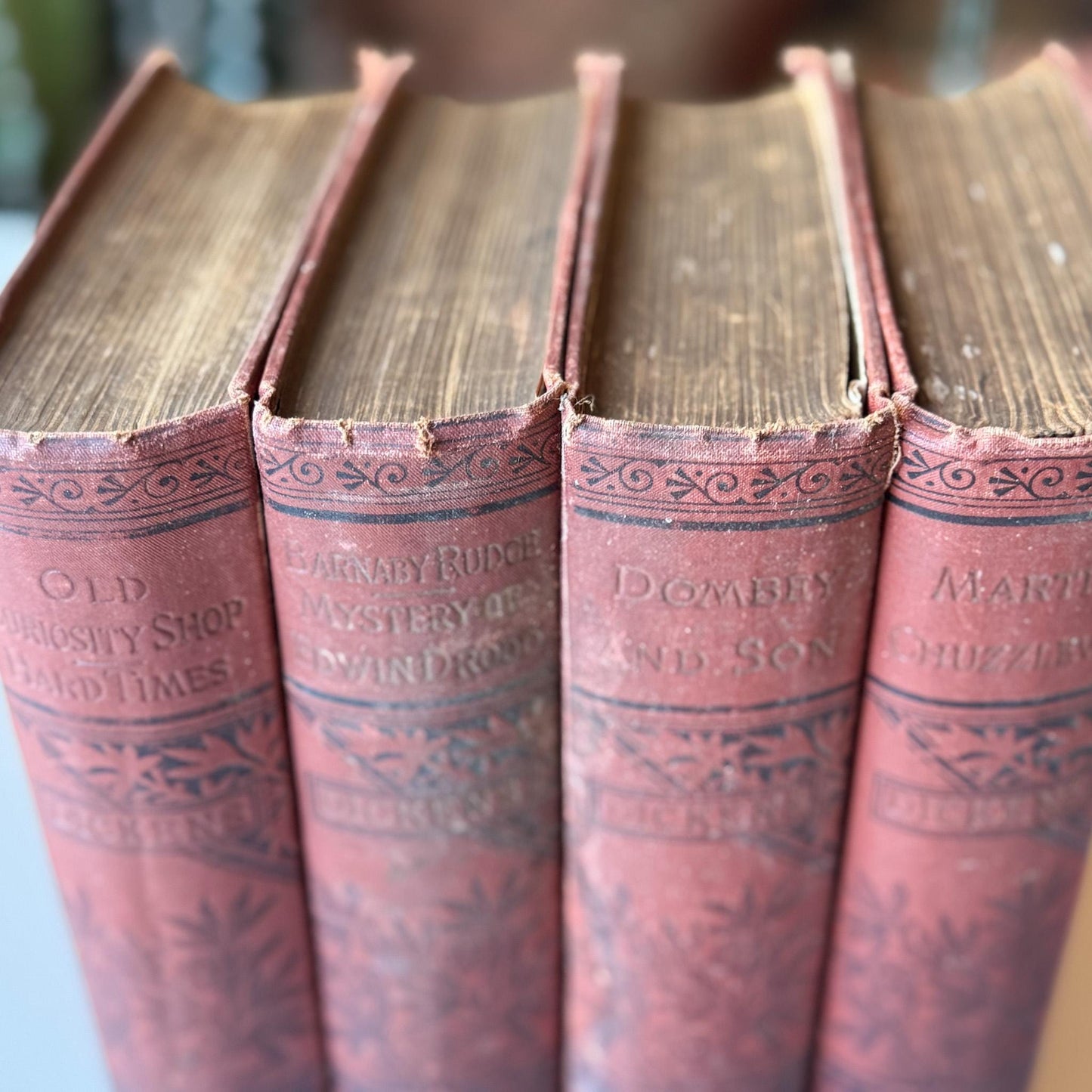 Antique Red Charles Dickens Book Set for Decor and Book Shelf Styling