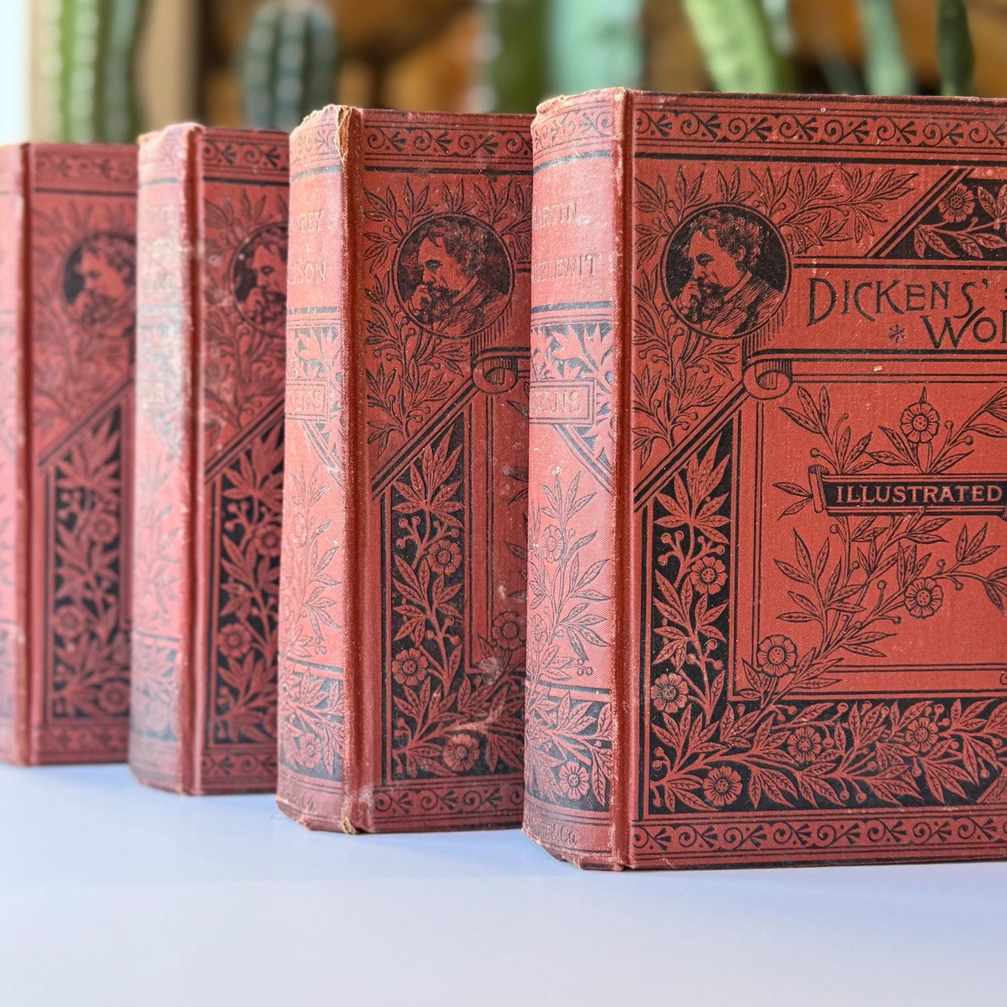 Antique Red Charles Dickens Book Set for Decor and Book Shelf Styling