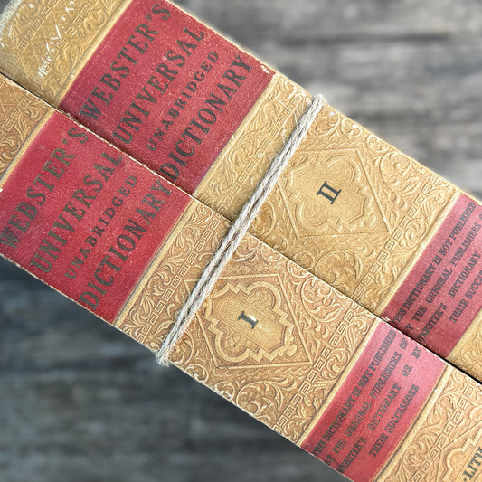 Webster's Universal Unabridged Dictionary in 2 Volumes, 1936, Ornate Gold Embossed Covers