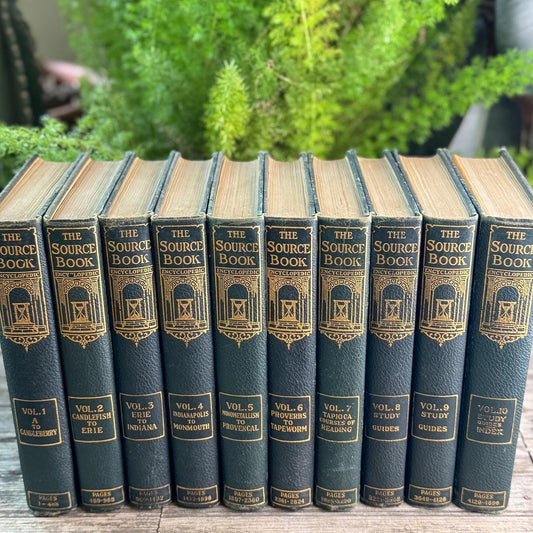 Deep Blue-Green and Gold Antique Ornate Embossed Encyclopedia Set, 1930 The Source Book, Complete