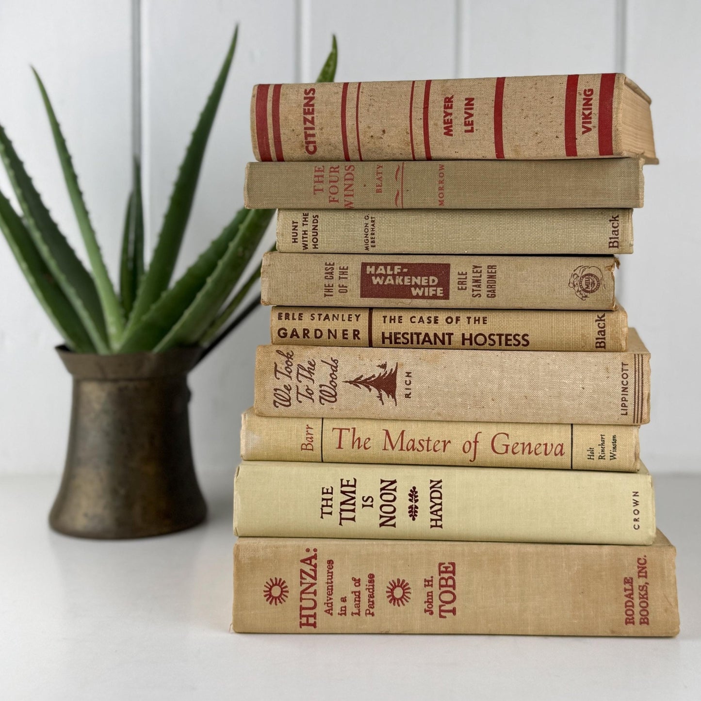 Large Beige & Red Vintage Book Bundle for Masculine Mid - Century Modern Decor - Pretty Old Books