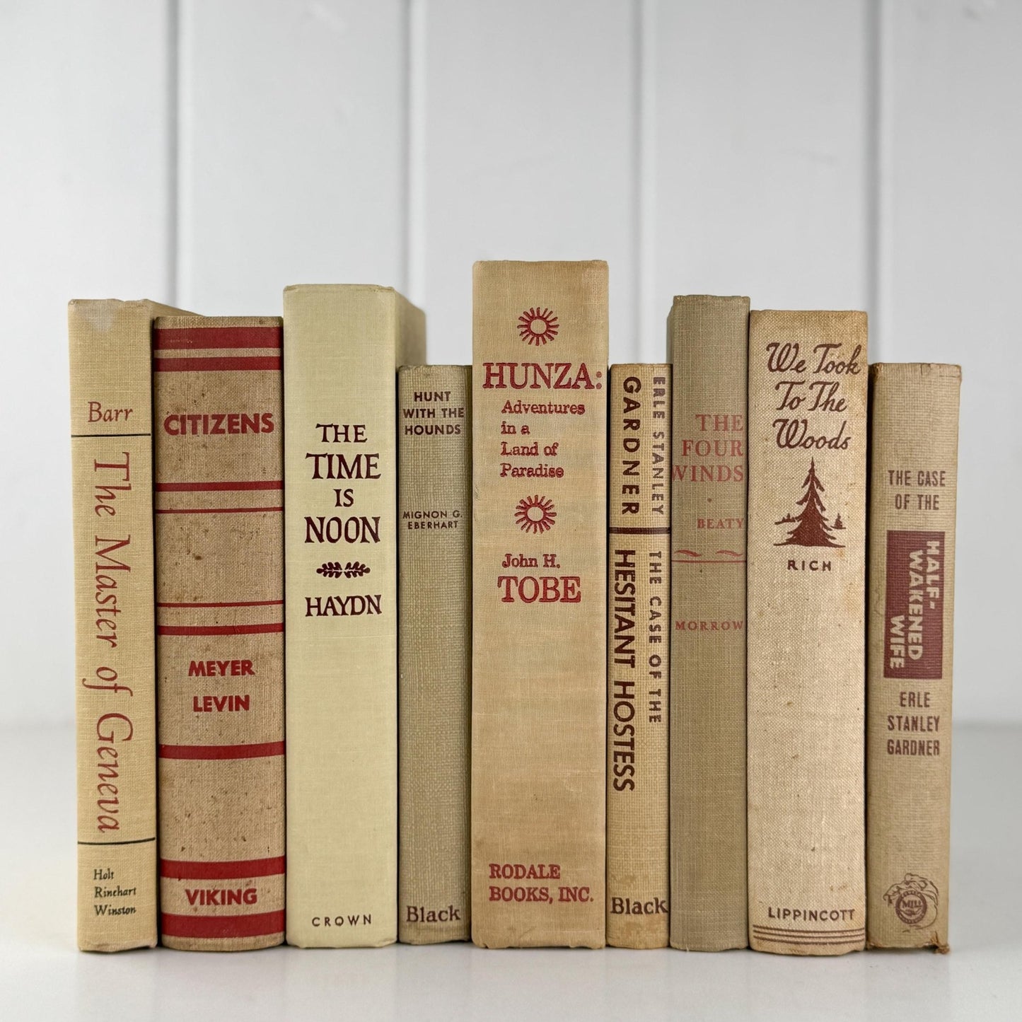 Large Beige & Red Vintage Book Bundle for Masculine Mid - Century Modern Decor - Pretty Old Books