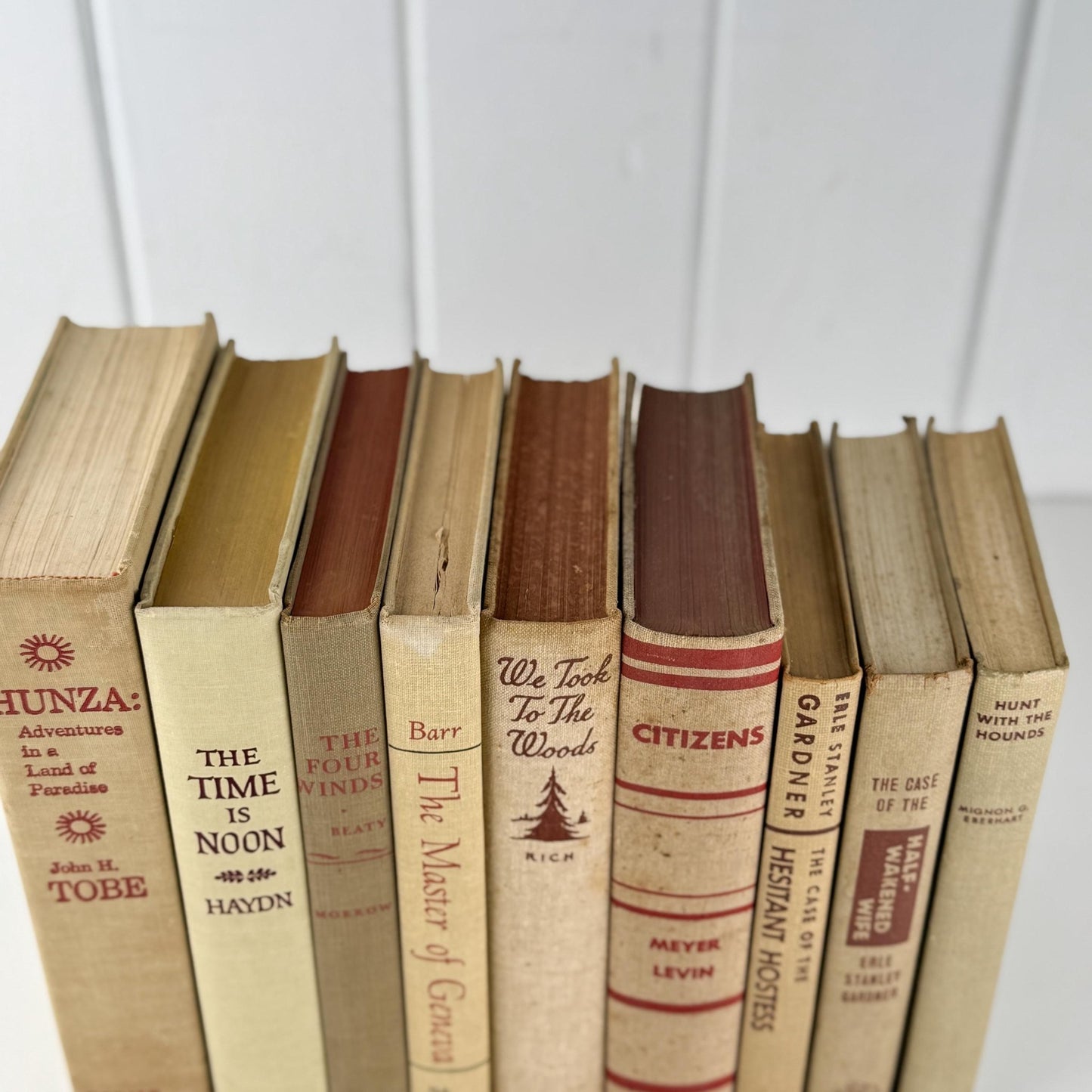 Large Beige & Red Vintage Book Bundle for Masculine Mid - Century Modern Decor - Pretty Old Books