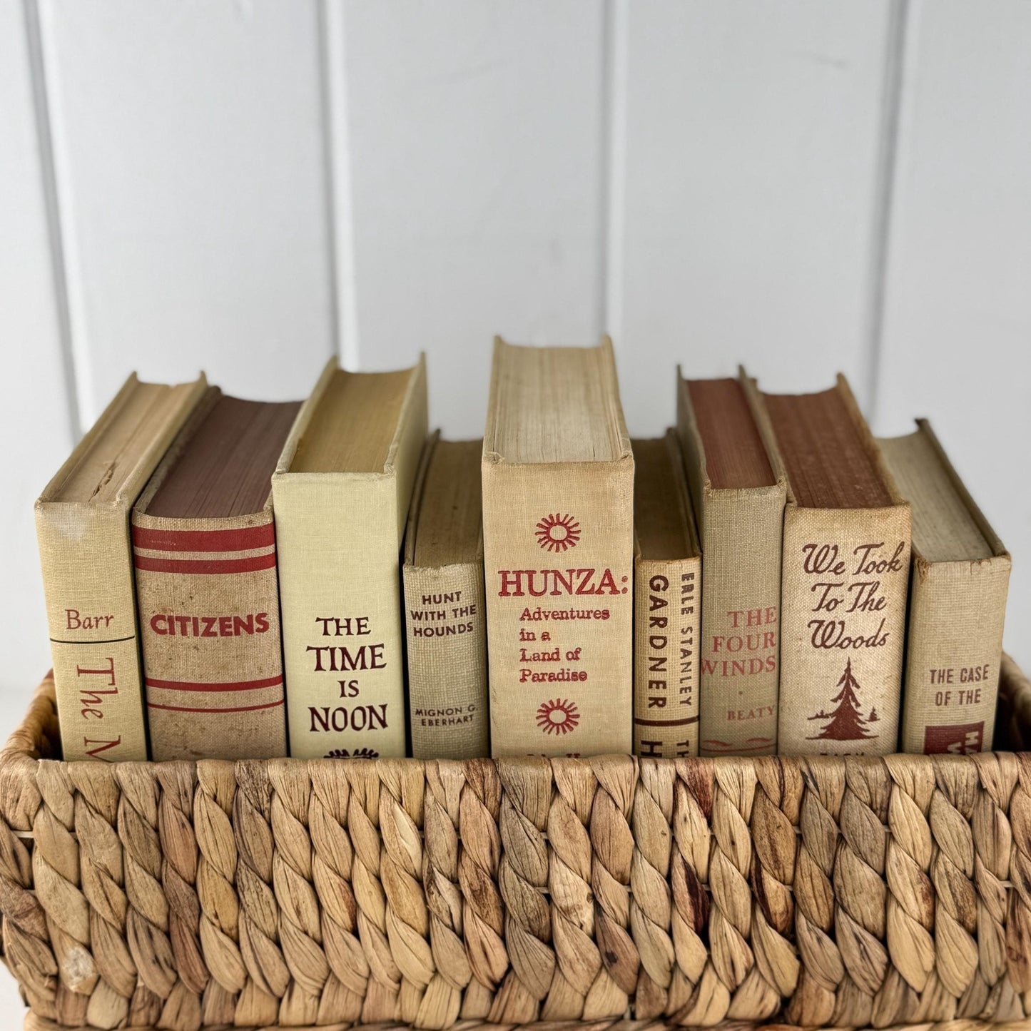 Large Beige & Red Vintage Book Bundle for Masculine Mid - Century Modern Decor - Pretty Old Books