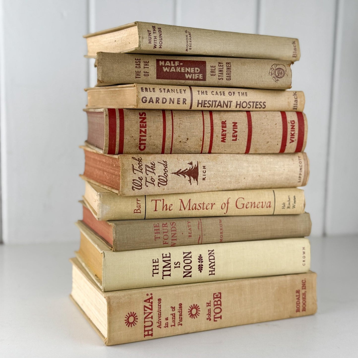 Large Beige & Red Vintage Book Bundle for Masculine Mid - Century Modern Decor - Pretty Old Books