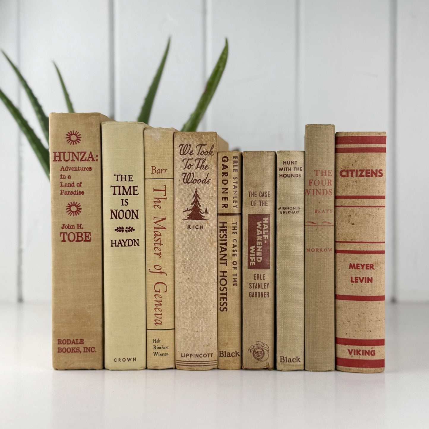 Large Beige & Red Vintage Book Bundle for Masculine Mid - Century Modern Decor - Pretty Old Books