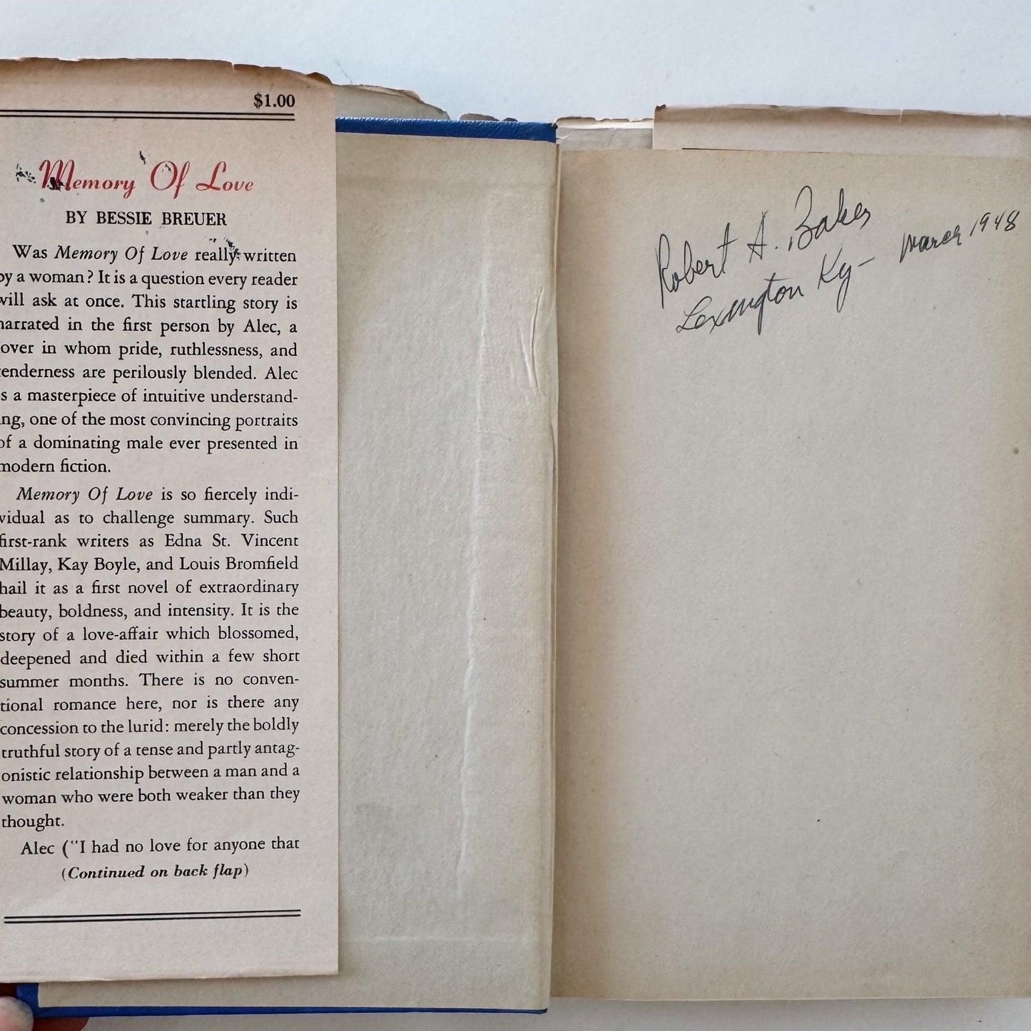Memory of Love, Bessie Breuer, Hardcover 1946 Rare - Pretty Old Books