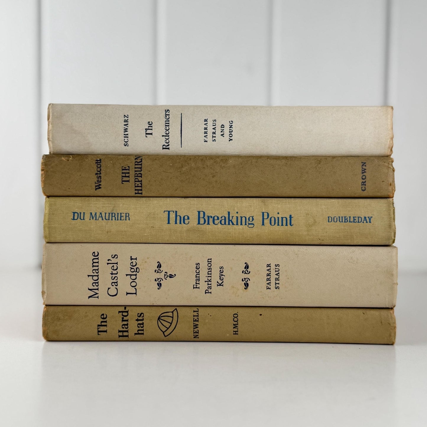 Neutral Shabby Vintage Books Bundle, Faded Blue and Beige Distressed Books for Shelf Styling - Pretty Old Books