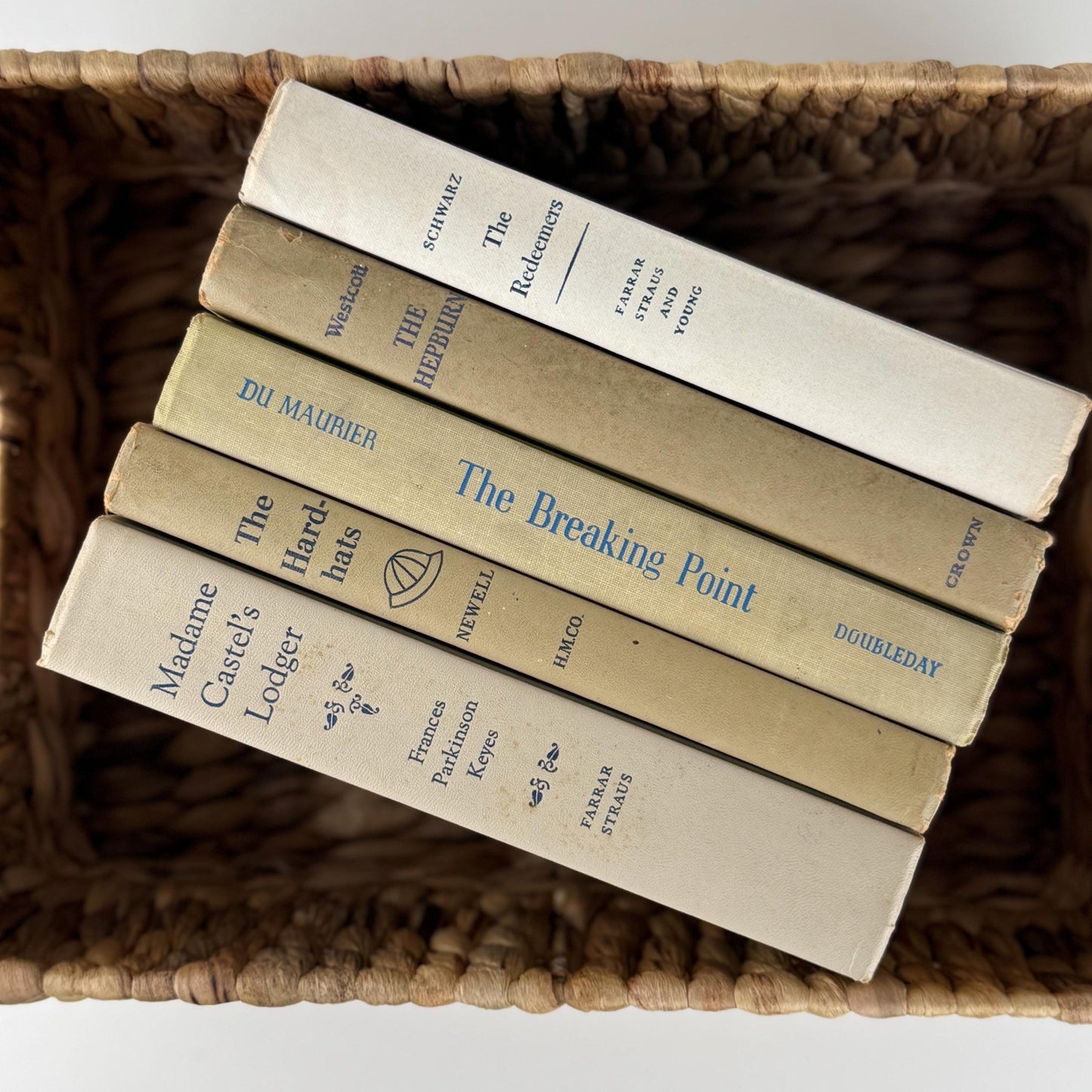 Neutral Shabby Vintage Books Bundle, Faded Blue and Beige Distressed Books for Shelf Styling - Pretty Old Books