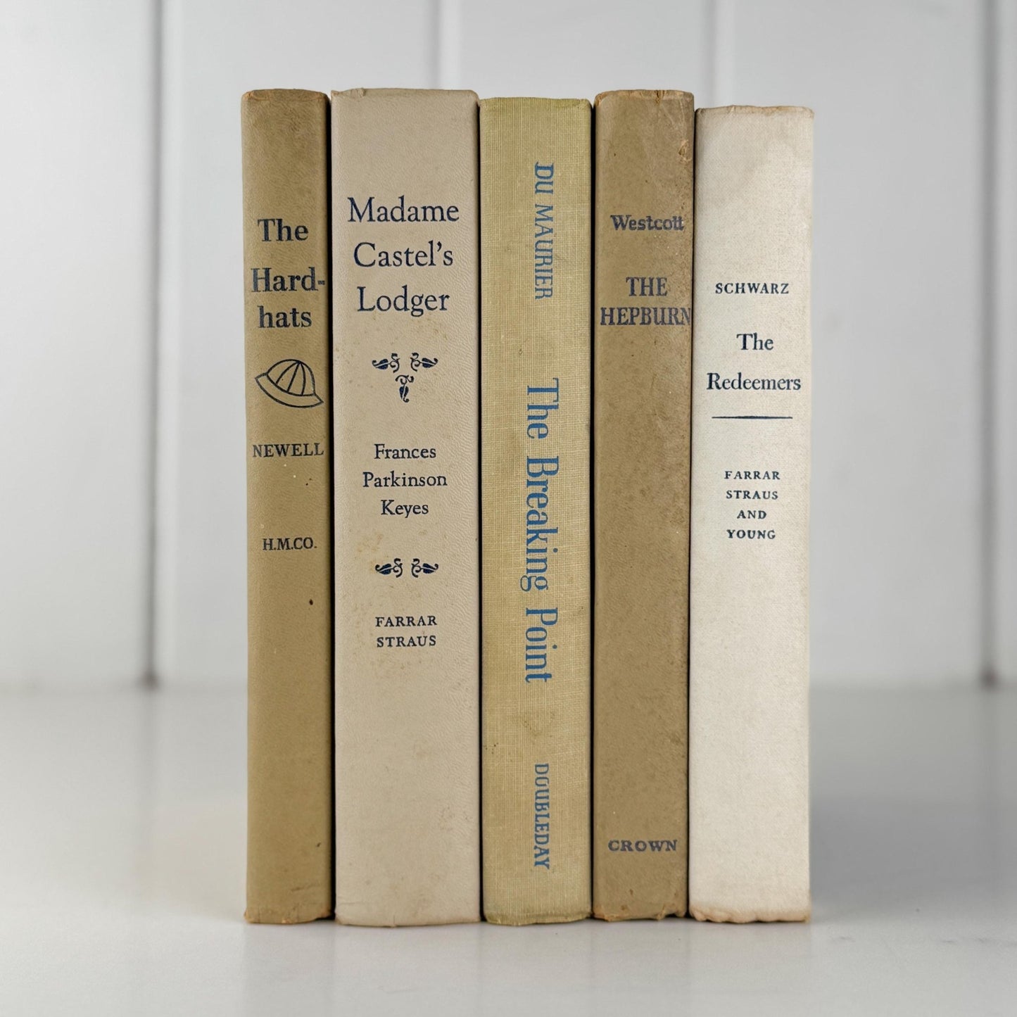 Neutral Shabby Vintage Books Bundle, Faded Blue and Beige Distressed Books for Shelf Styling - Pretty Old Books
