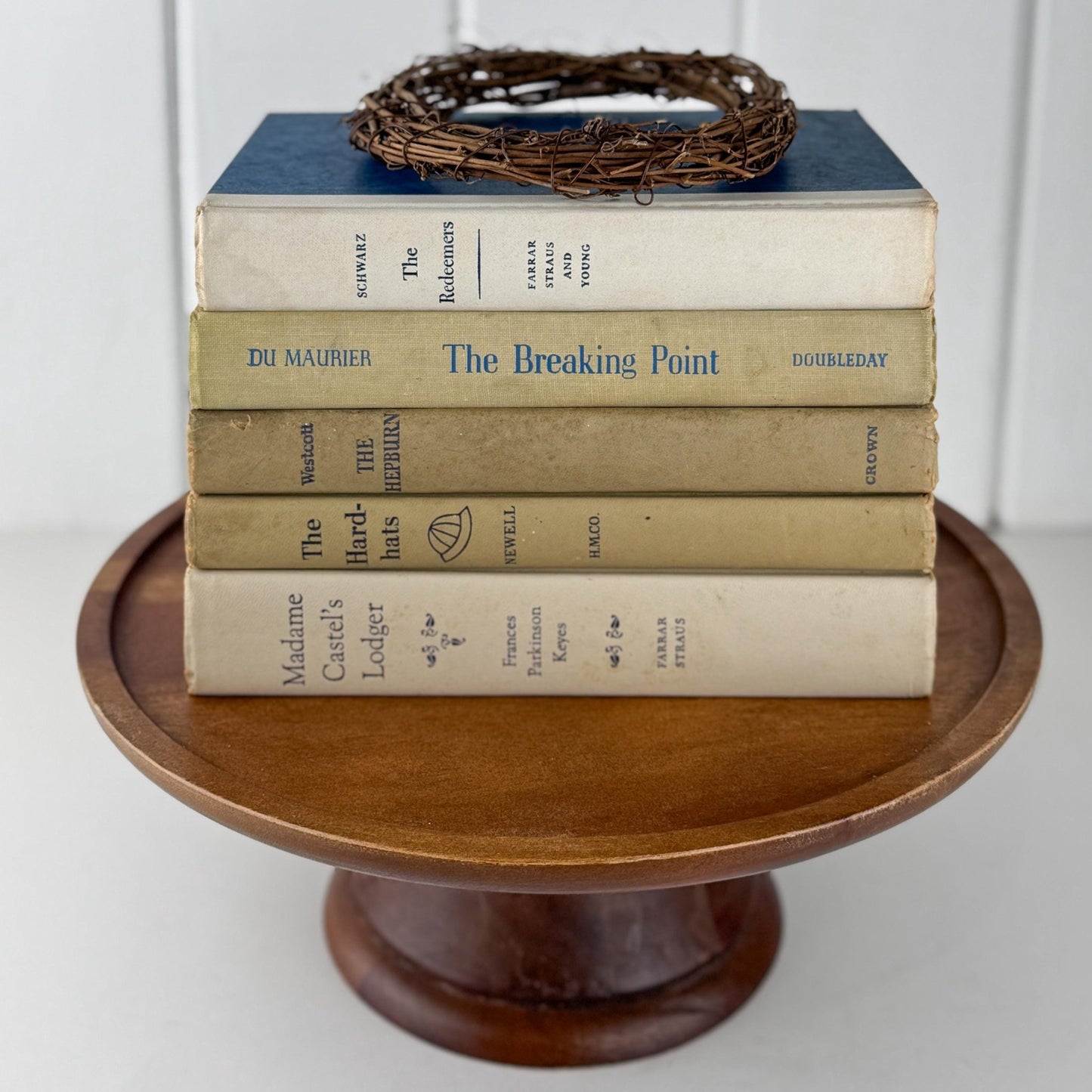 Neutral Shabby Vintage Books Bundle, Faded Blue and Beige Distressed Books for Shelf Styling - Pretty Old Books