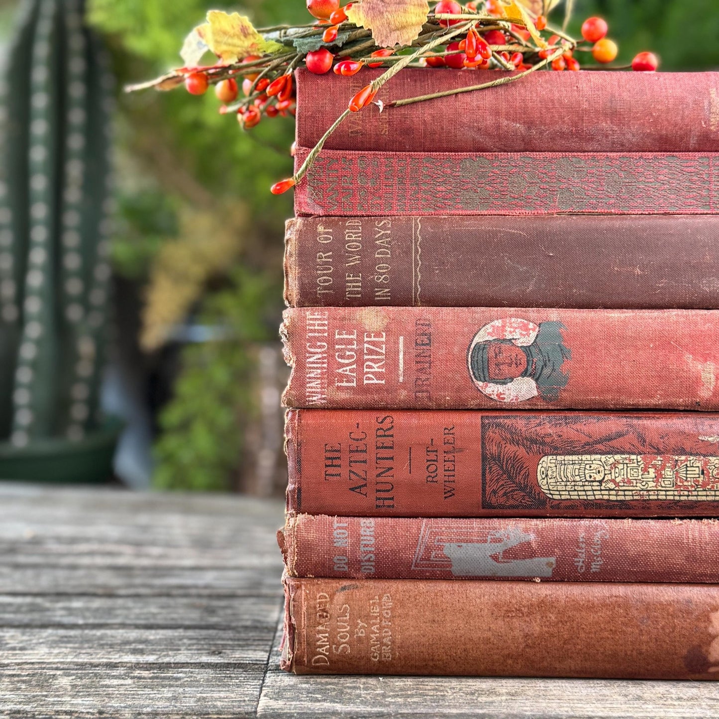 Red and Copper Antique Shabby Book Bundle for Shelf Styling - Pretty Old Books