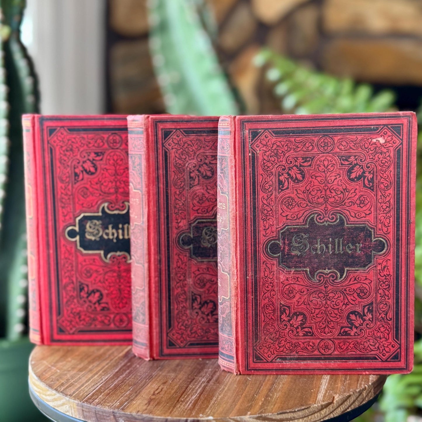 Red German Antique Books, Schiller's Works, 3 - Volume Set, Ornate Small Books - Pretty Old Books