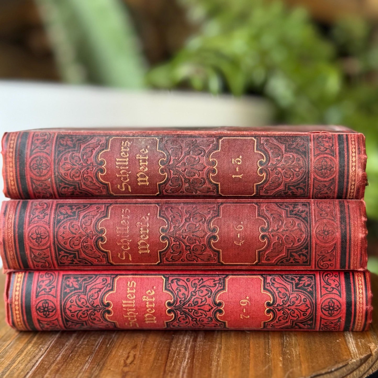 Red German Antique Books, Schiller's Works, 3 - Volume Set, Ornate Small Books - Pretty Old Books