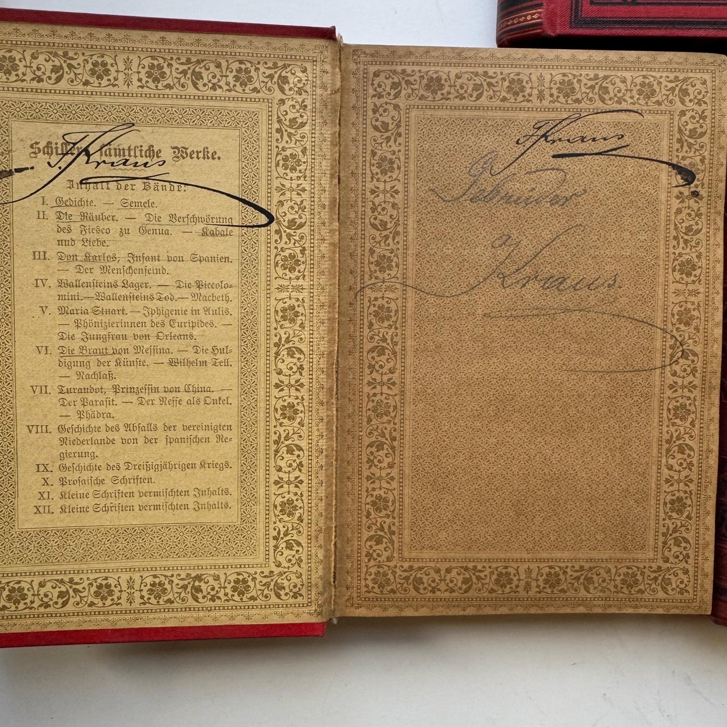 Red German Antique Books, Schiller's Works, 3 - Volume Set, Ornate Small Books - Pretty Old Books