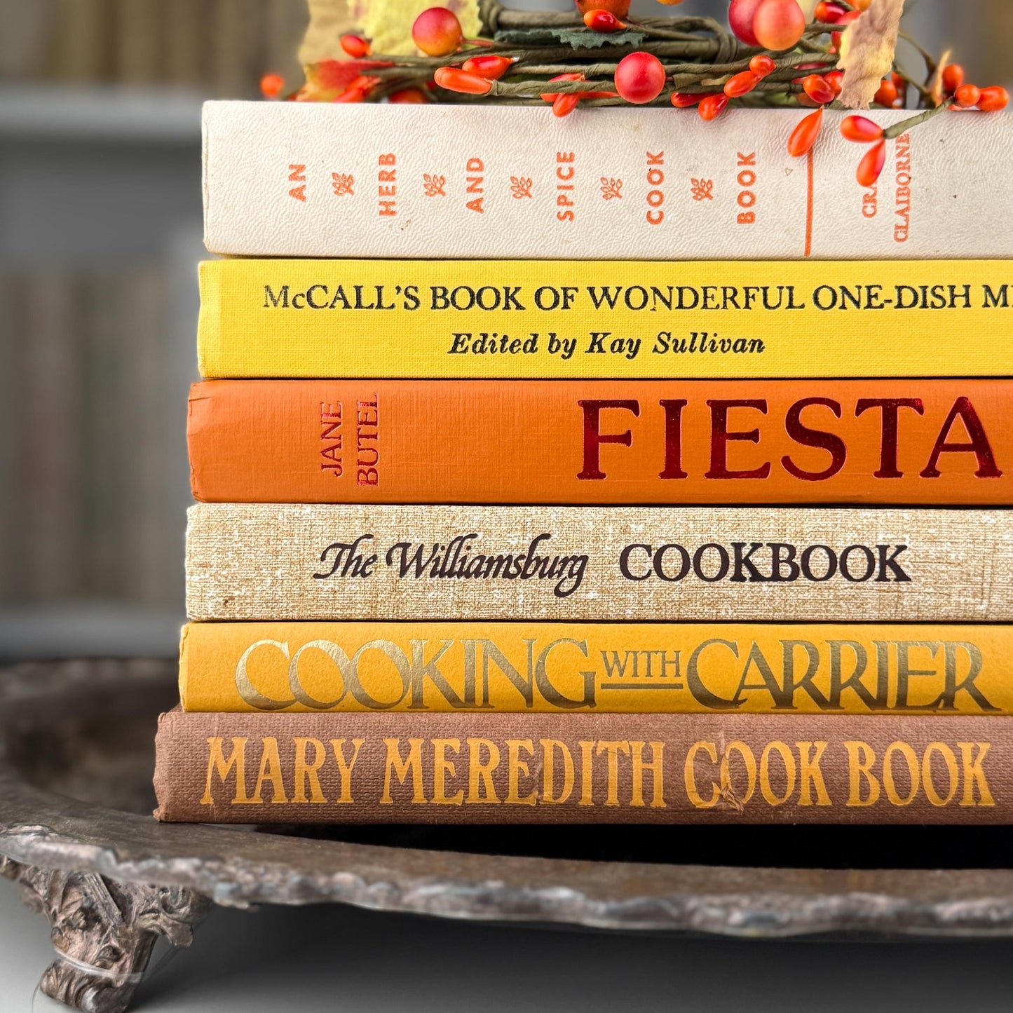 Retro 1960s Kitchen Decor, Vintage Mustard Yellow, Orange, and Marigold Vintage Cookbook Set - Pretty Old Books