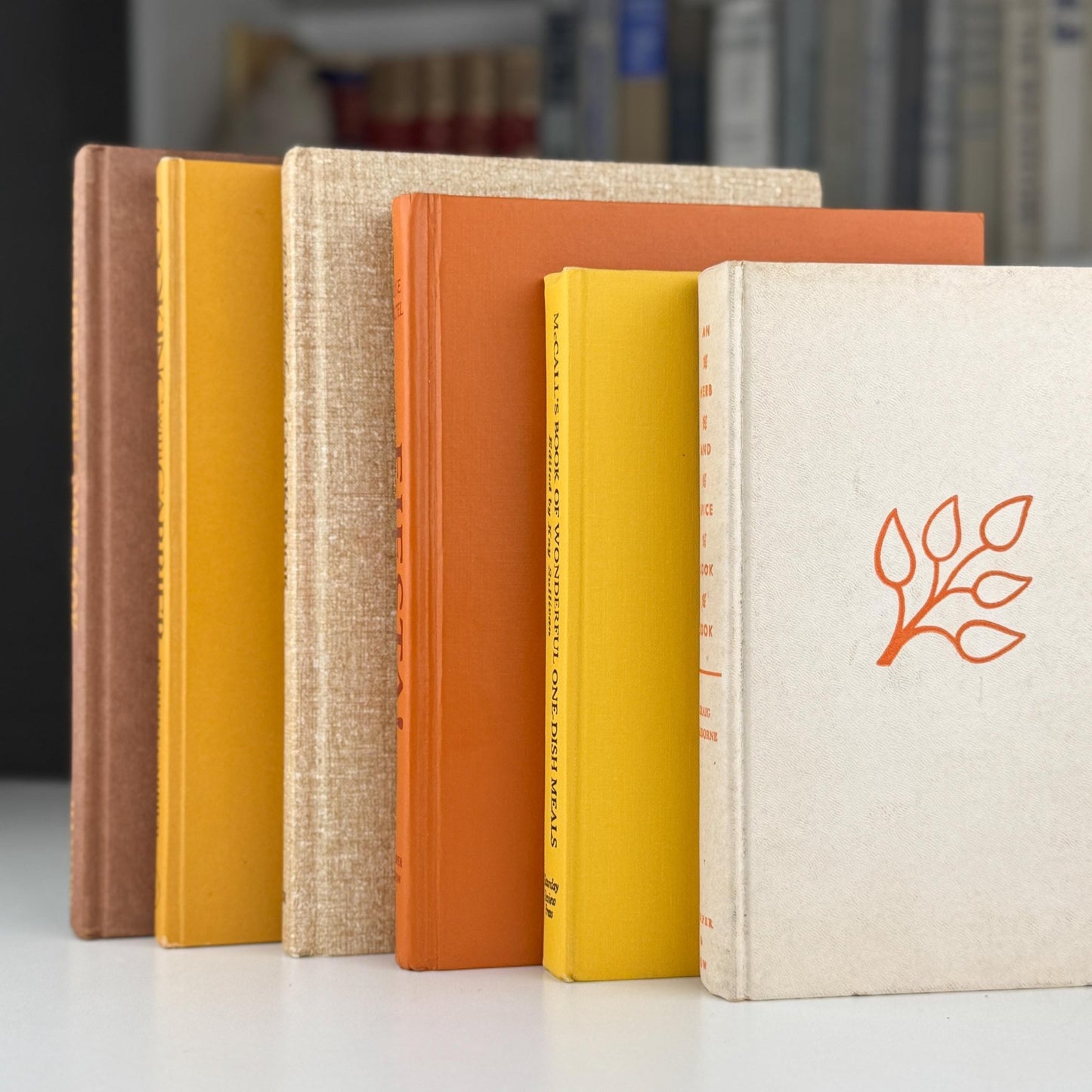 Retro 1960s Kitchen Decor, Vintage Mustard Yellow, Orange, and Marigold Vintage Cookbook Set - Pretty Old Books