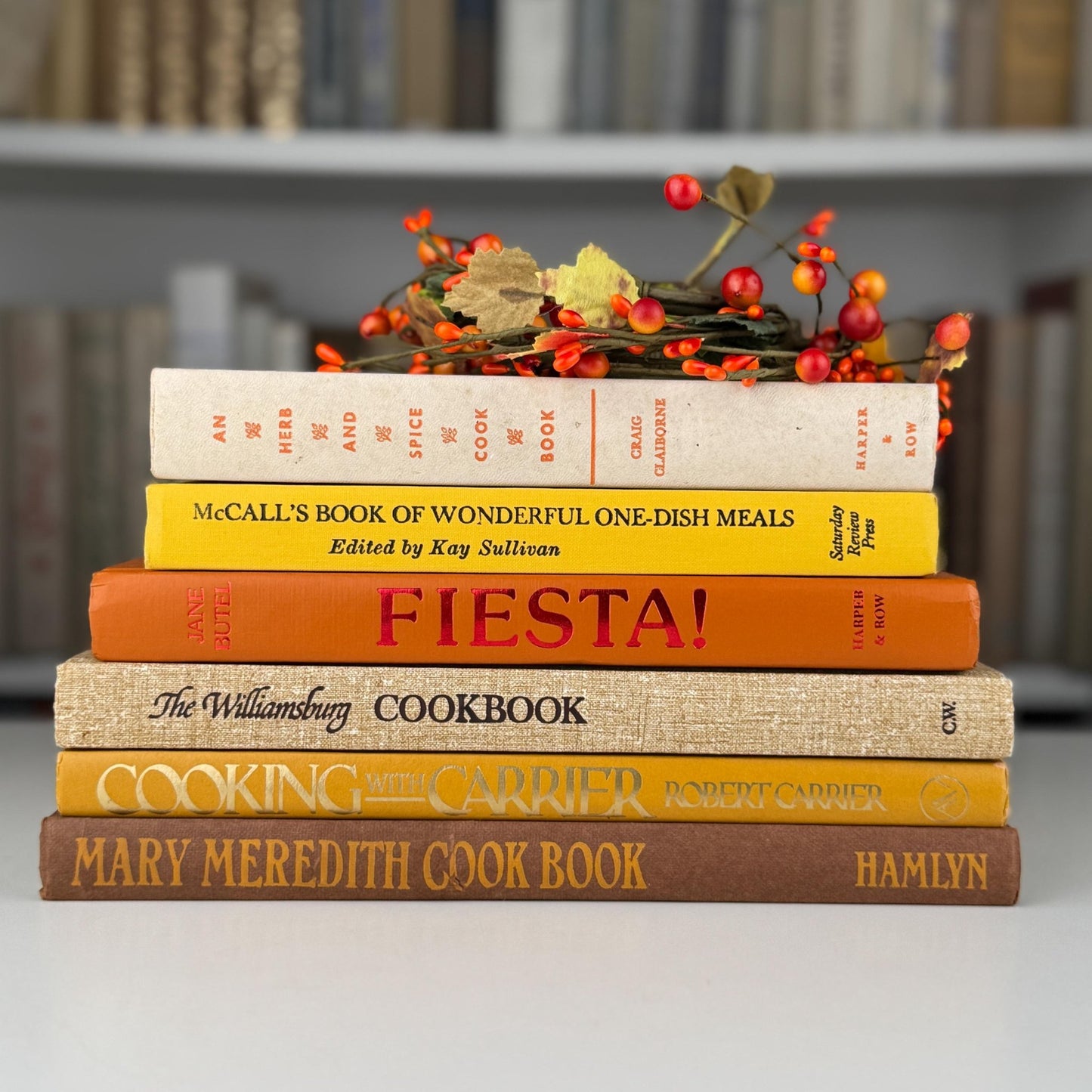 Retro 1960s Kitchen Decor, Vintage Mustard Yellow, Orange, and Marigold Vintage Cookbook Set - Pretty Old Books