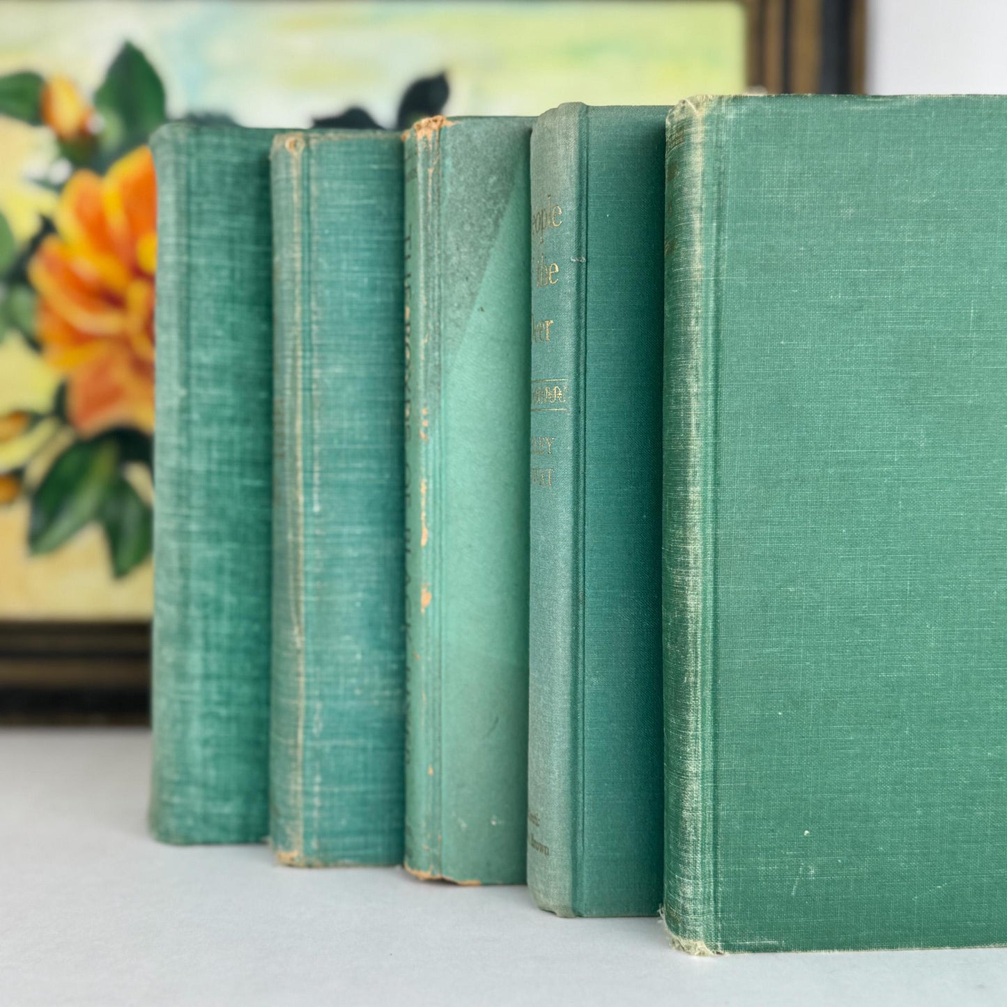 Rustic Teal and Moss Green Vintage Decorative Book Bundle for Shelf Styling - Pretty Old Books