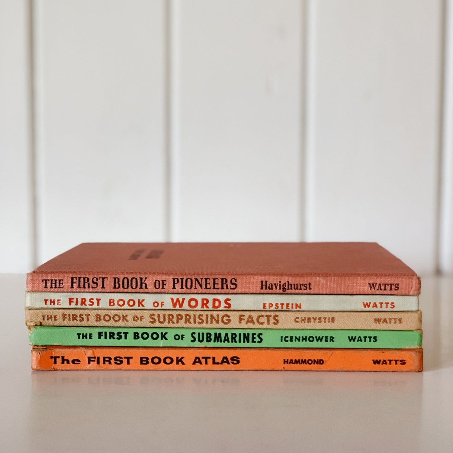 Set of Five: The First Book of Pioneers, Atlas, Submarines, Words, Surprising Facts - Pretty Old Books