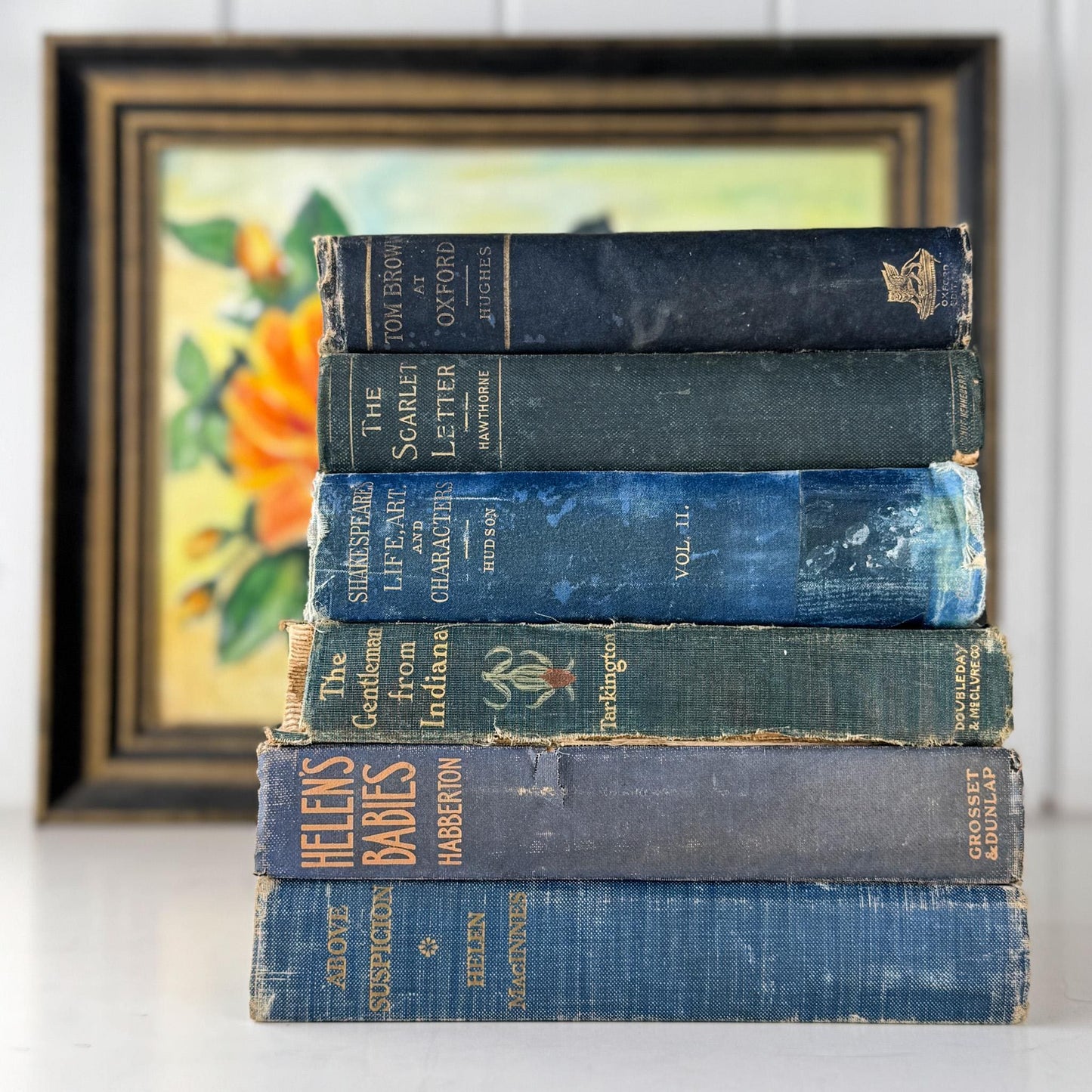 Shabby Antique Blue Distressed Books for Display, Old Cozy Book Bundle - Pretty Old Books