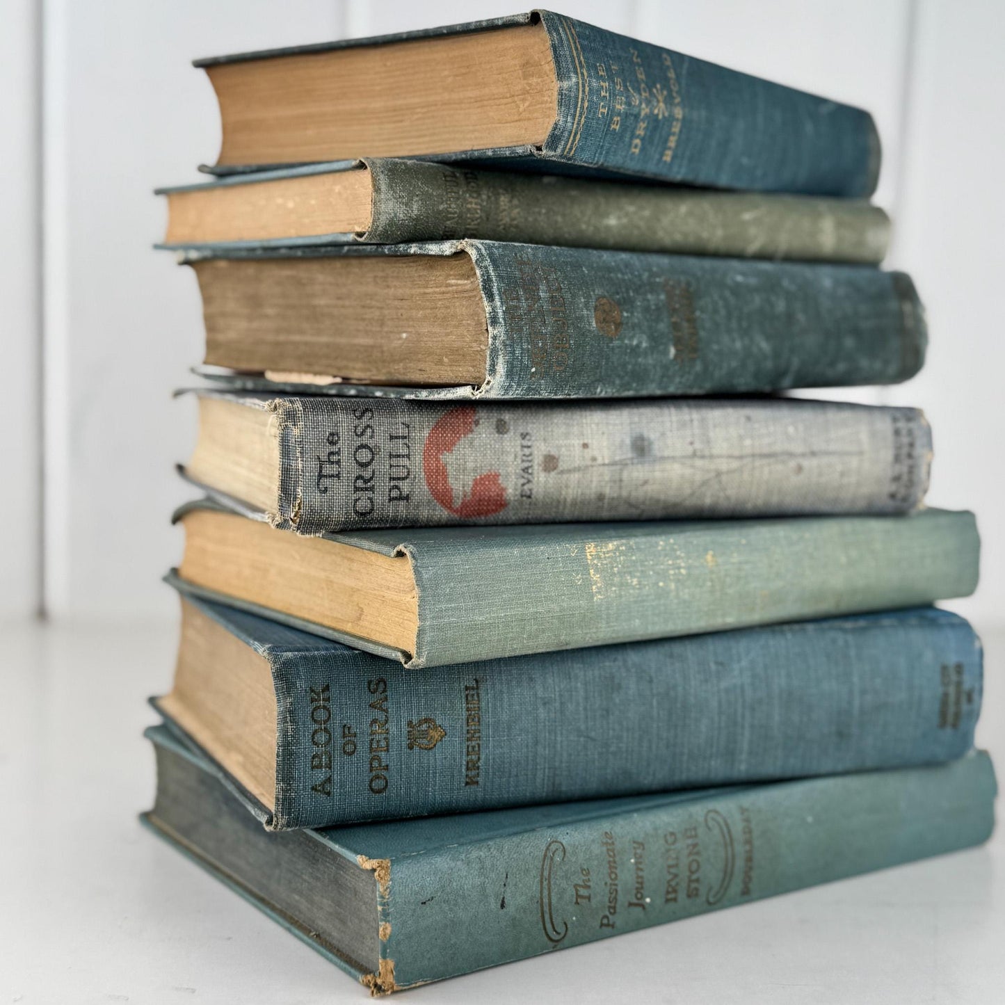 Shabby Old Blue Books for Decor, Faded Vintage Books for Shelf Styling - Pretty Old Books