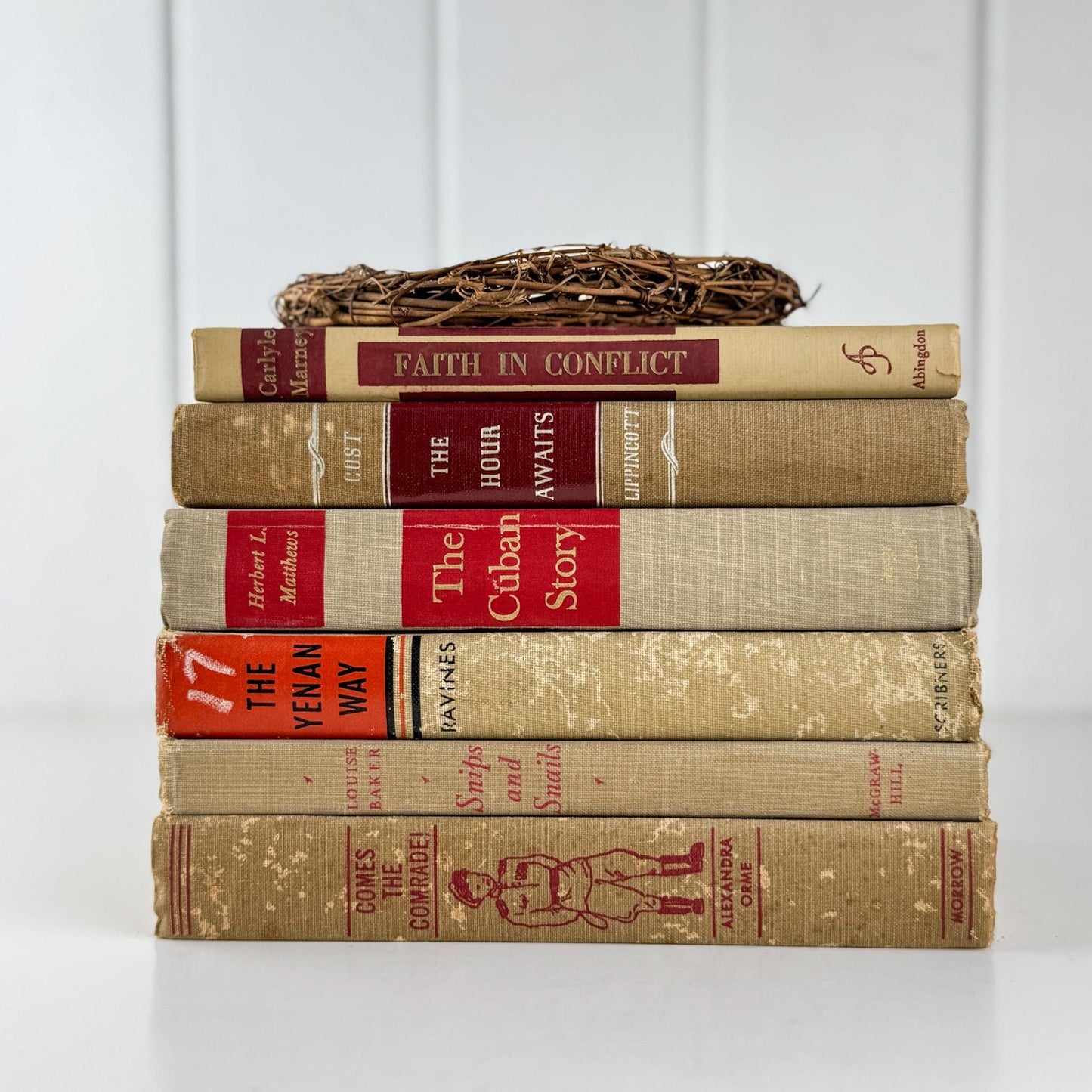 Shabby Vintage Beige Tan and Red Mid - Century Masculine Book Set for Shelf Styling, Office Decor - Pretty Old Books