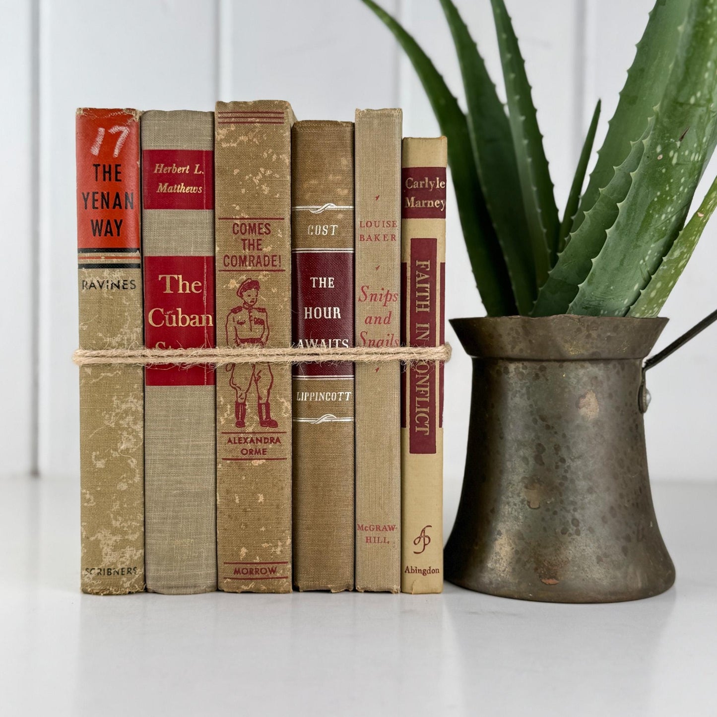 Shabby Vintage Beige Tan and Red Mid - Century Masculine Book Set for Shelf Styling, Office Decor - Pretty Old Books