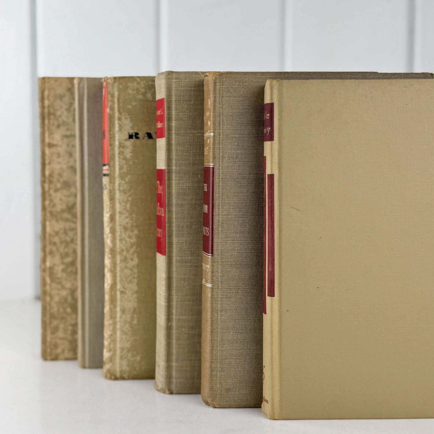 Shabby Vintage Beige Tan and Red Mid - Century Masculine Book Set for Shelf Styling, Office Decor - Pretty Old Books
