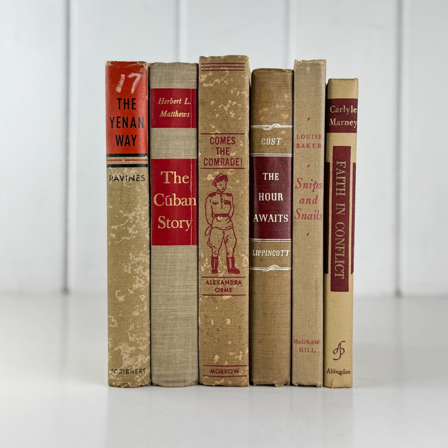 Shabby Vintage Beige Tan and Red Mid - Century Masculine Book Set for Shelf Styling, Office Decor - Pretty Old Books