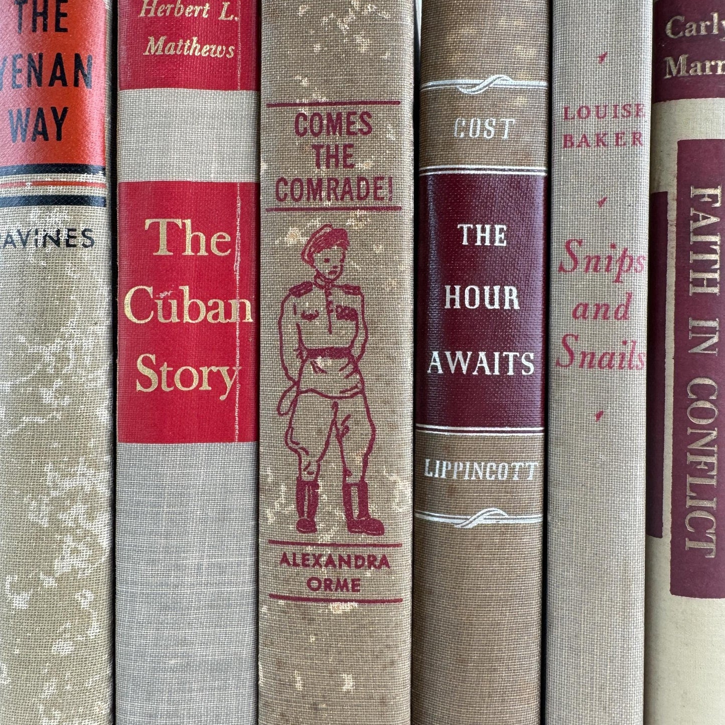Shabby Vintage Beige Tan and Red Mid - Century Masculine Book Set for Shelf Styling, Office Decor - Pretty Old Books