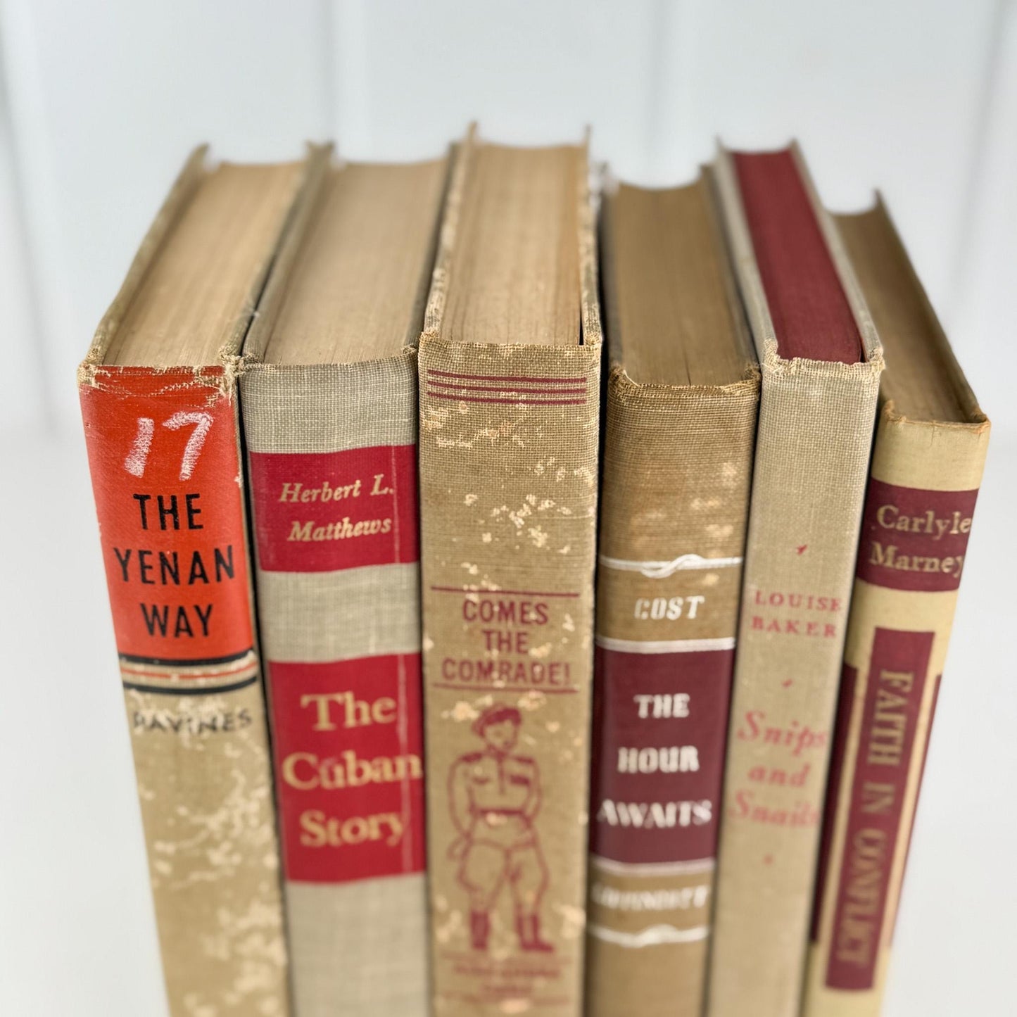 Shabby Vintage Beige Tan and Red Mid - Century Masculine Book Set for Shelf Styling, Office Decor - Pretty Old Books