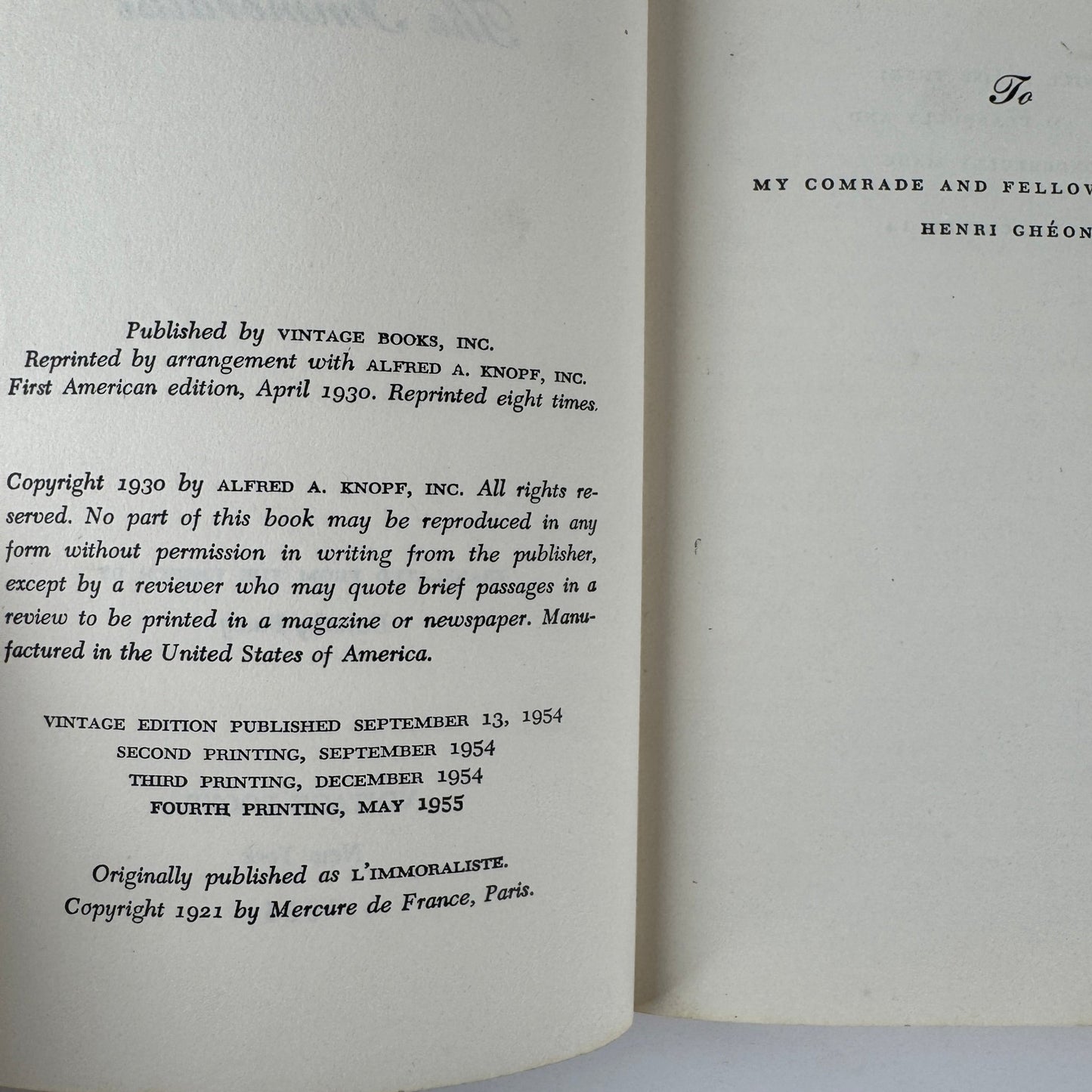 The Immoralist, Andre Gide, Vintage Paperback 1955 - Pretty Old Books