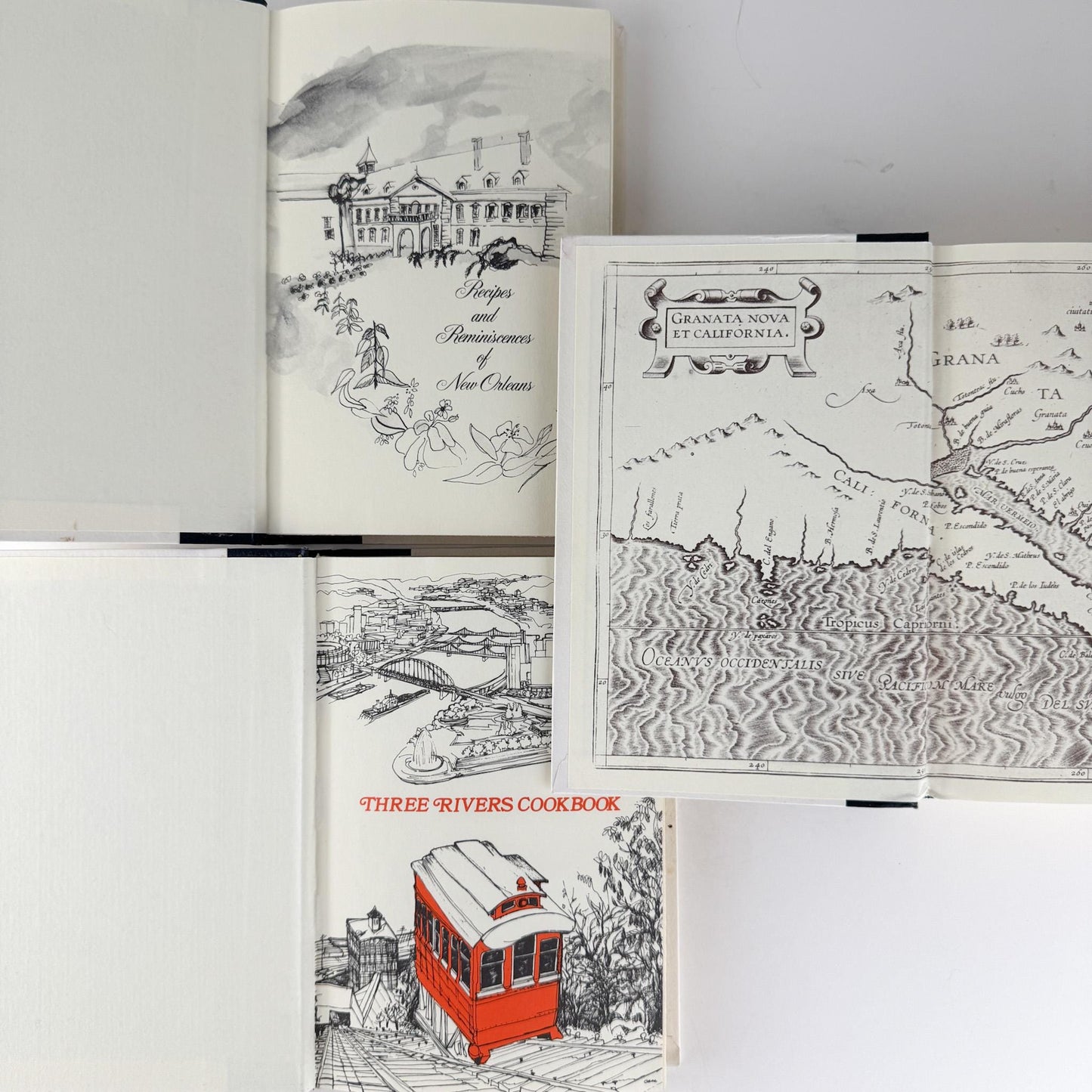 Three Navy Blue Regional Cookbooks: California, New Orleans, Three Rivers, 1970s, Doubleday - Pretty Old Books