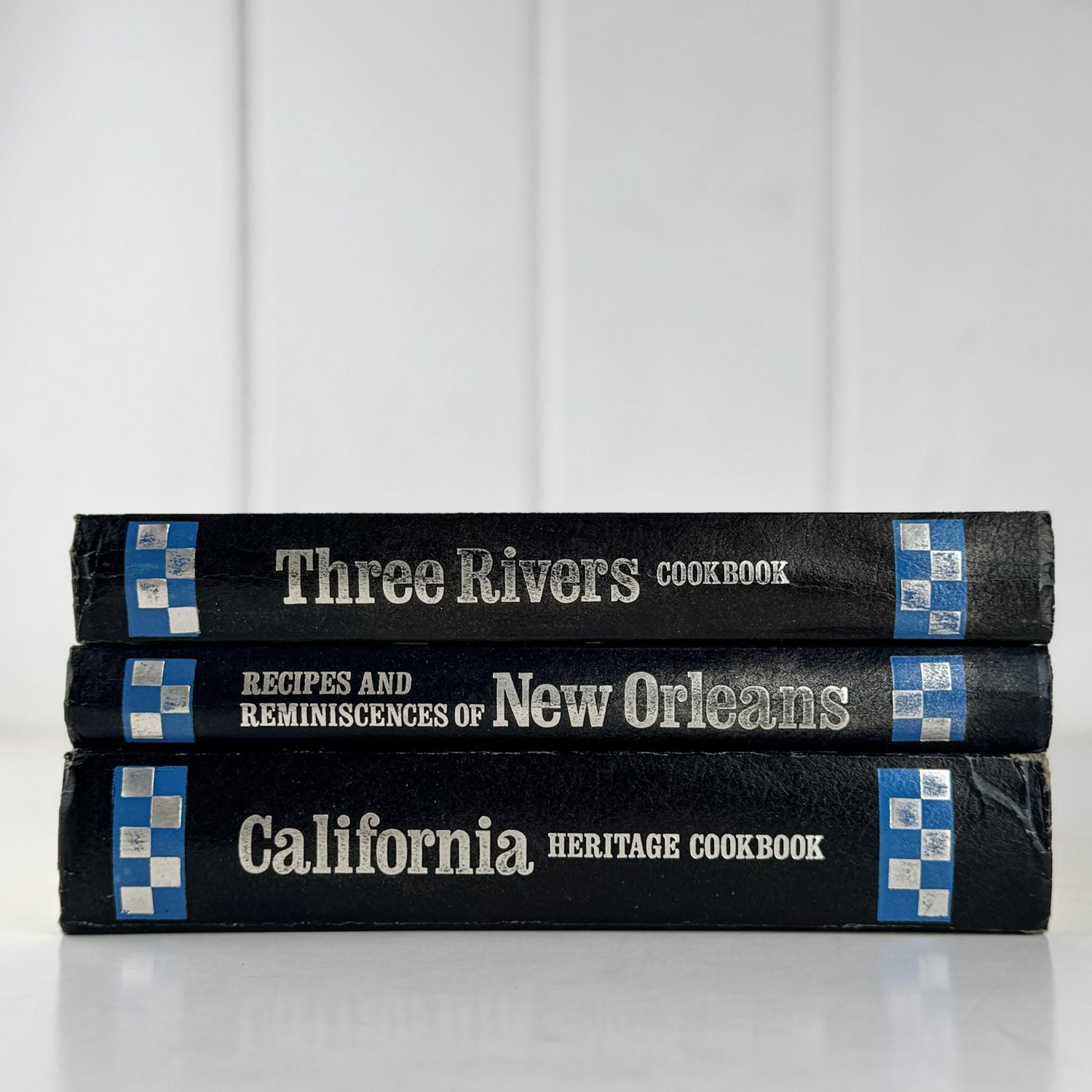Three Navy Blue Regional Cookbooks: California, New Orleans, Three Rivers, 1970s, Doubleday - Pretty Old Books