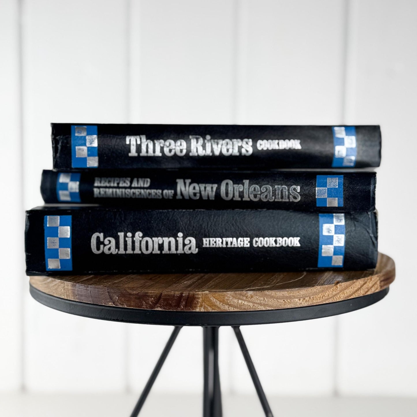 Three Navy Blue Regional Cookbooks: California, New Orleans, Three Rivers, 1970s, Doubleday - Pretty Old Books