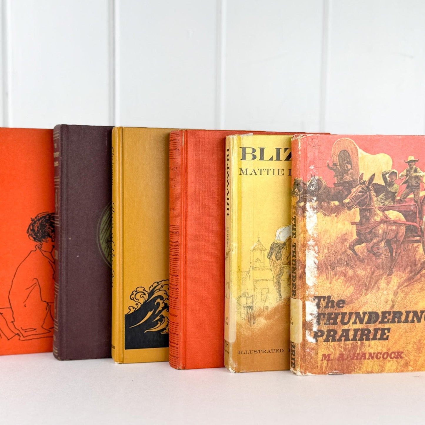 Vintage Children's Shabby Book Bundle in Orange, yellow, Mustard, and Red for Shelf Styling - Pretty Old Books