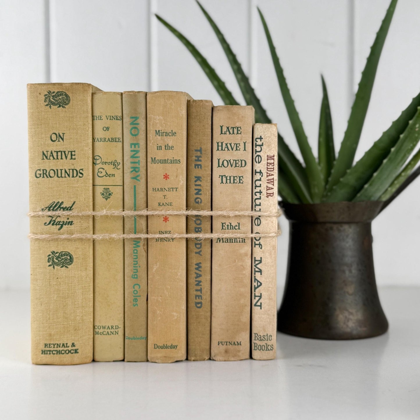 Vintage Cream and Green Book Set for Neutral Mid - Century Shelf Styling - Pretty Old Books