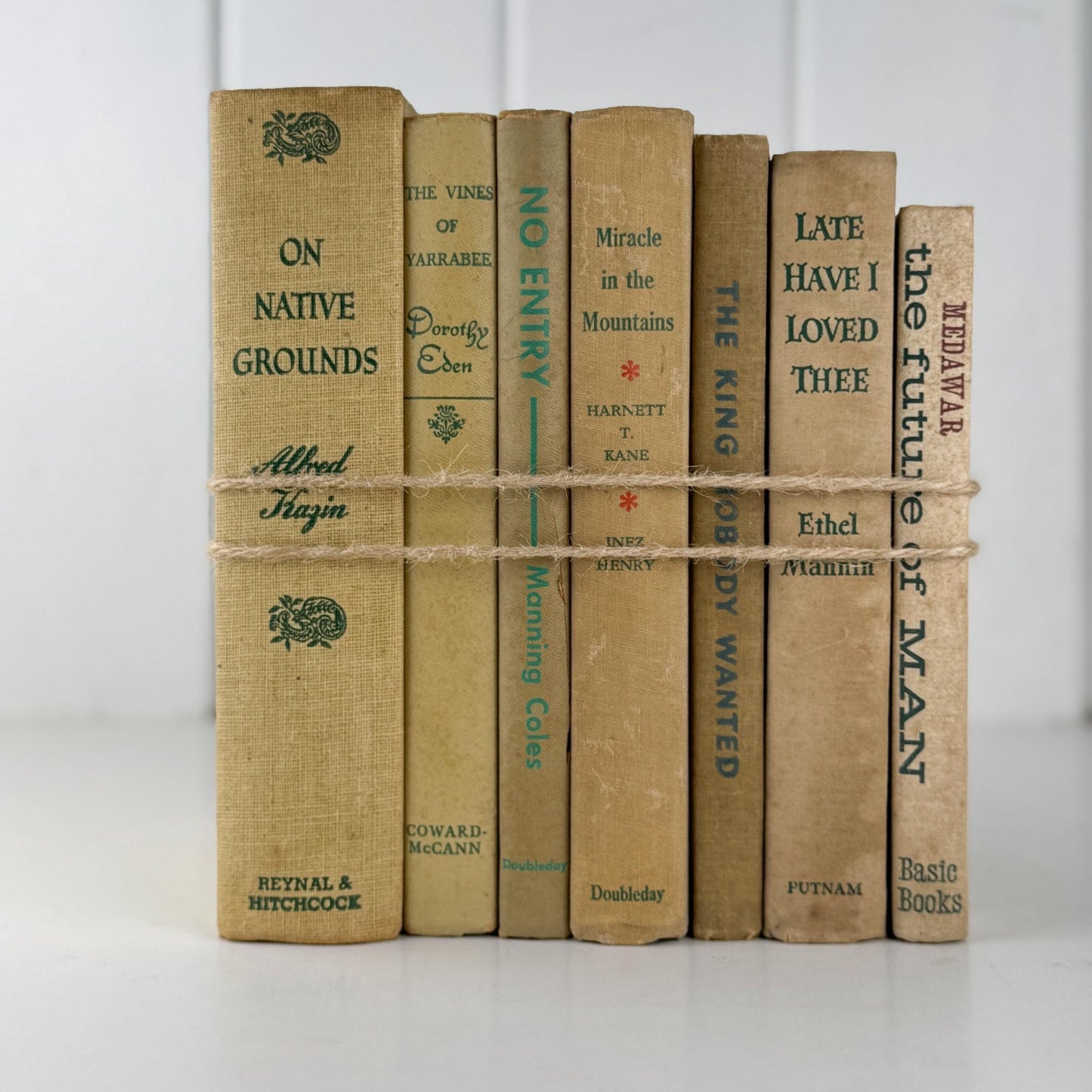 Vintage Cream and Green Book Set for Neutral Mid - Century Shelf Styling - Pretty Old Books