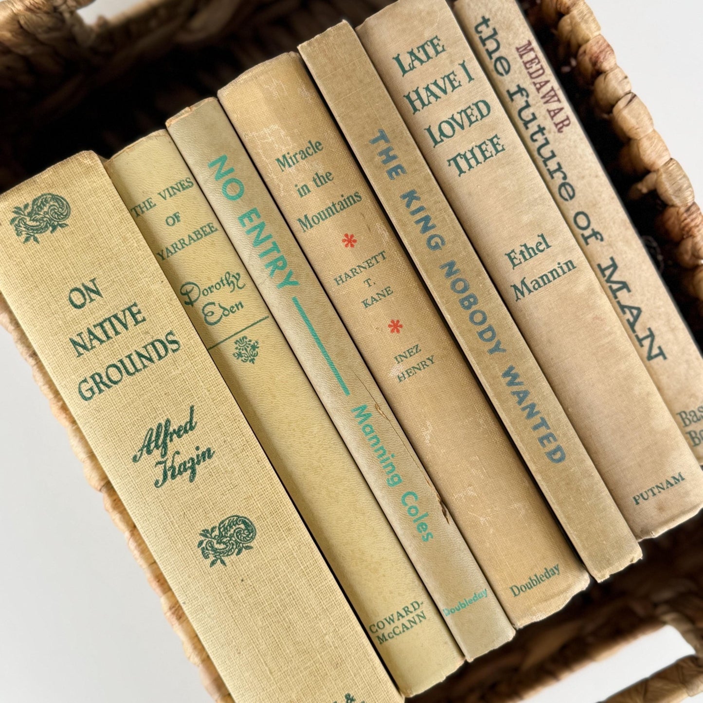 Vintage Cream and Green Book Set for Neutral Mid - Century Shelf Styling - Pretty Old Books