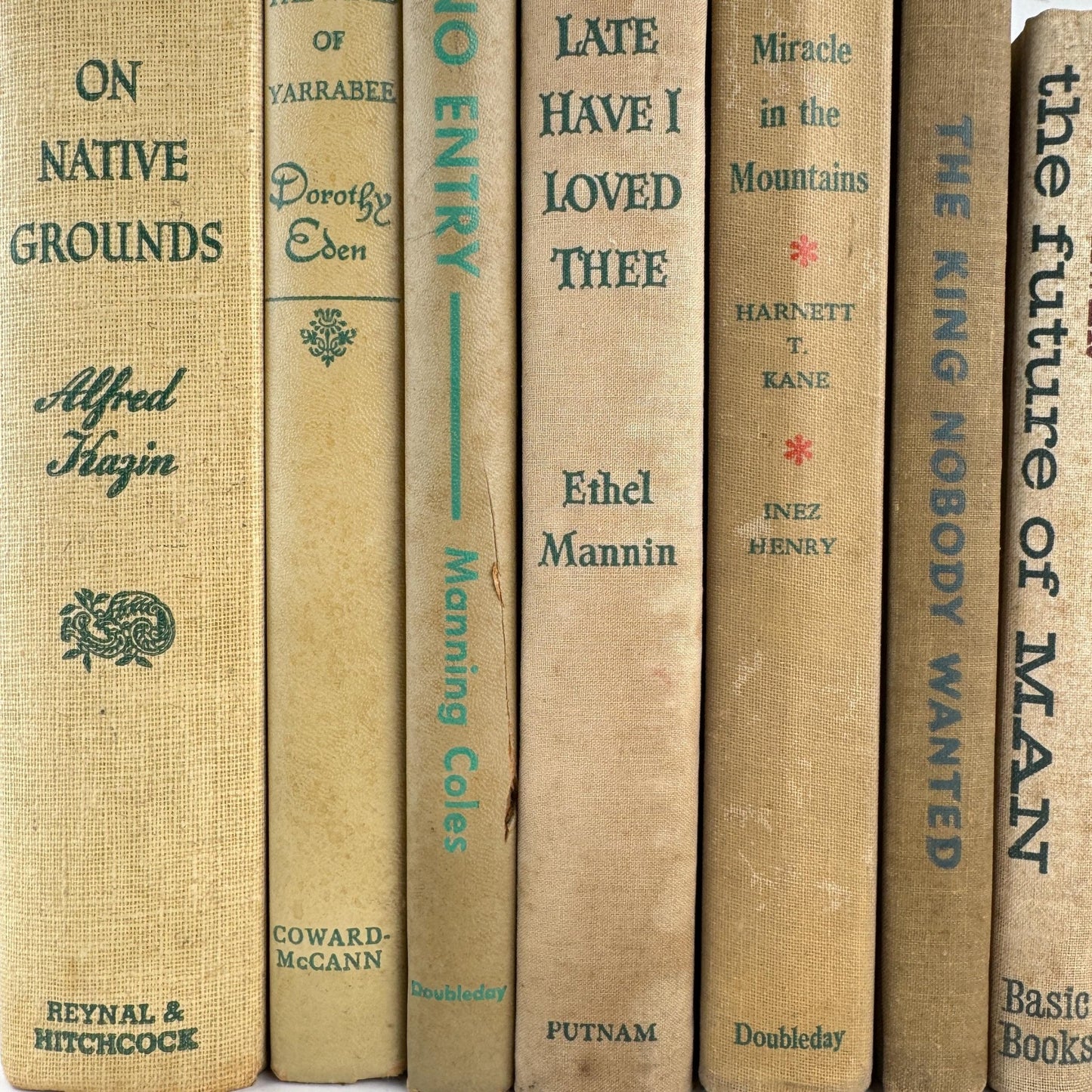 Vintage Cream and Green Book Set for Neutral Mid - Century Shelf Styling - Pretty Old Books