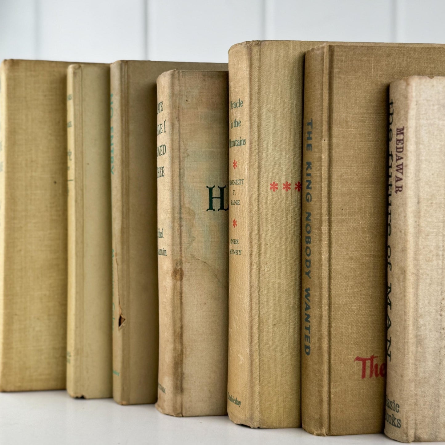 Vintage Cream and Green Book Set for Neutral Mid - Century Shelf Styling - Pretty Old Books