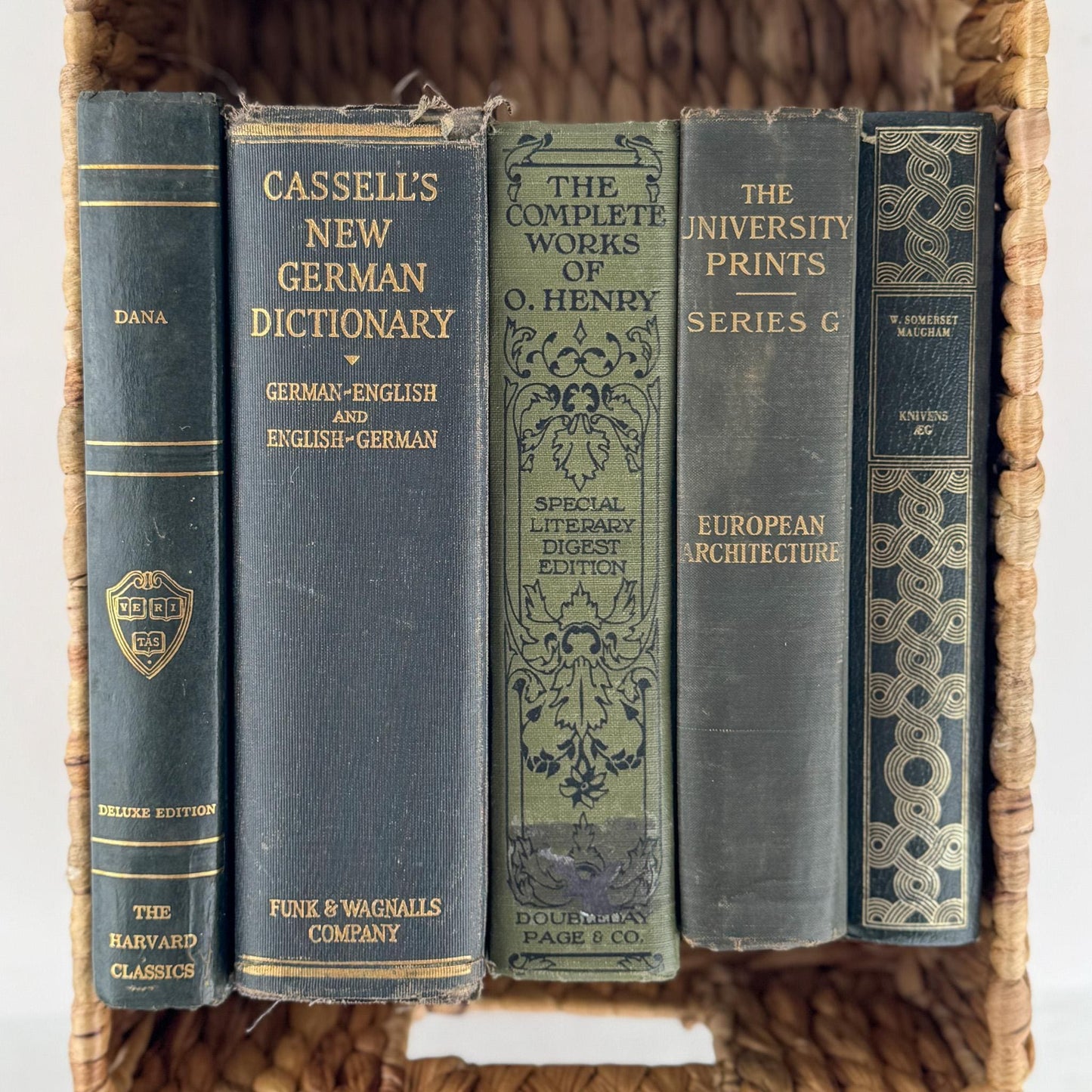Vintage Dark Olive Green and Black Books for Bookshelf Decor and Shelf Styling - Pretty Old Books