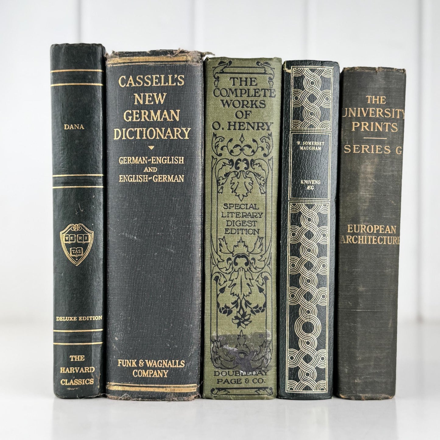 Vintage Dark Olive Green and Black Books for Bookshelf Decor and Shelf Styling - Pretty Old Books