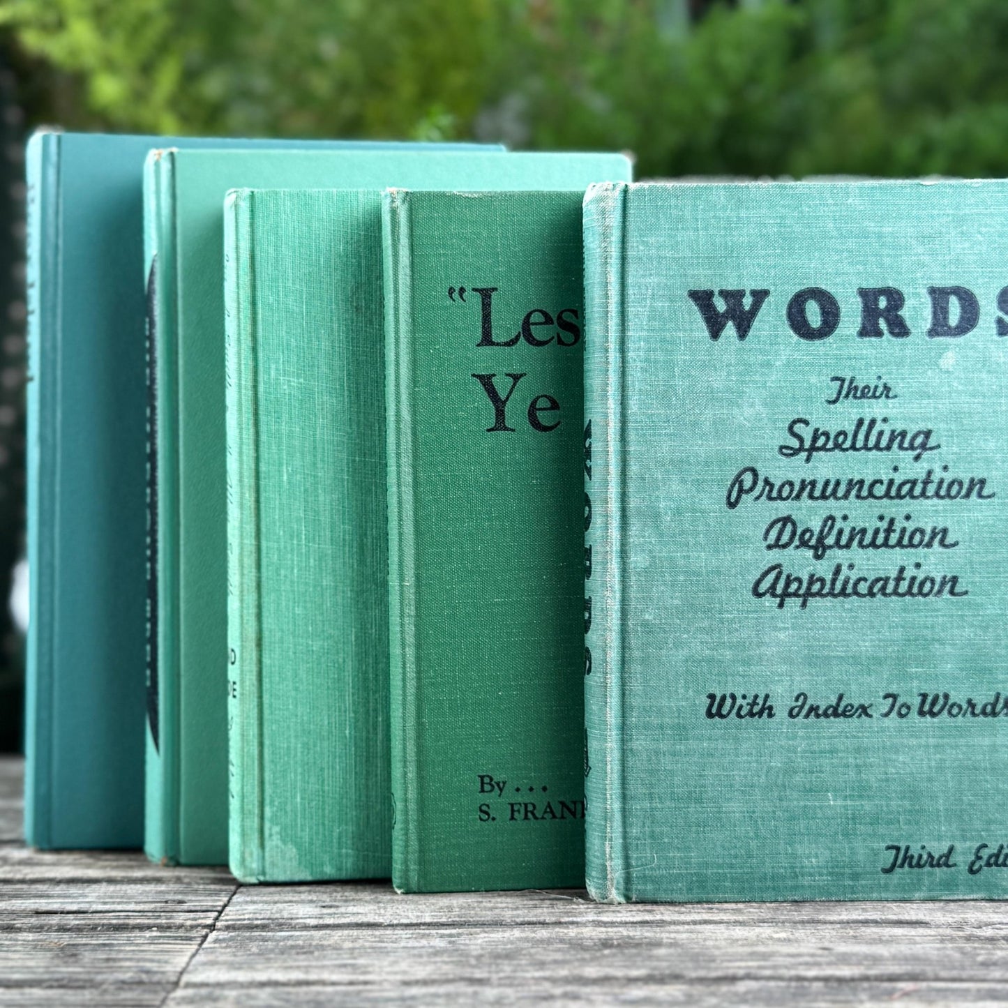 Vintage Green Books with Fun Black Lettering for Shelf Styling - Pretty Old Books