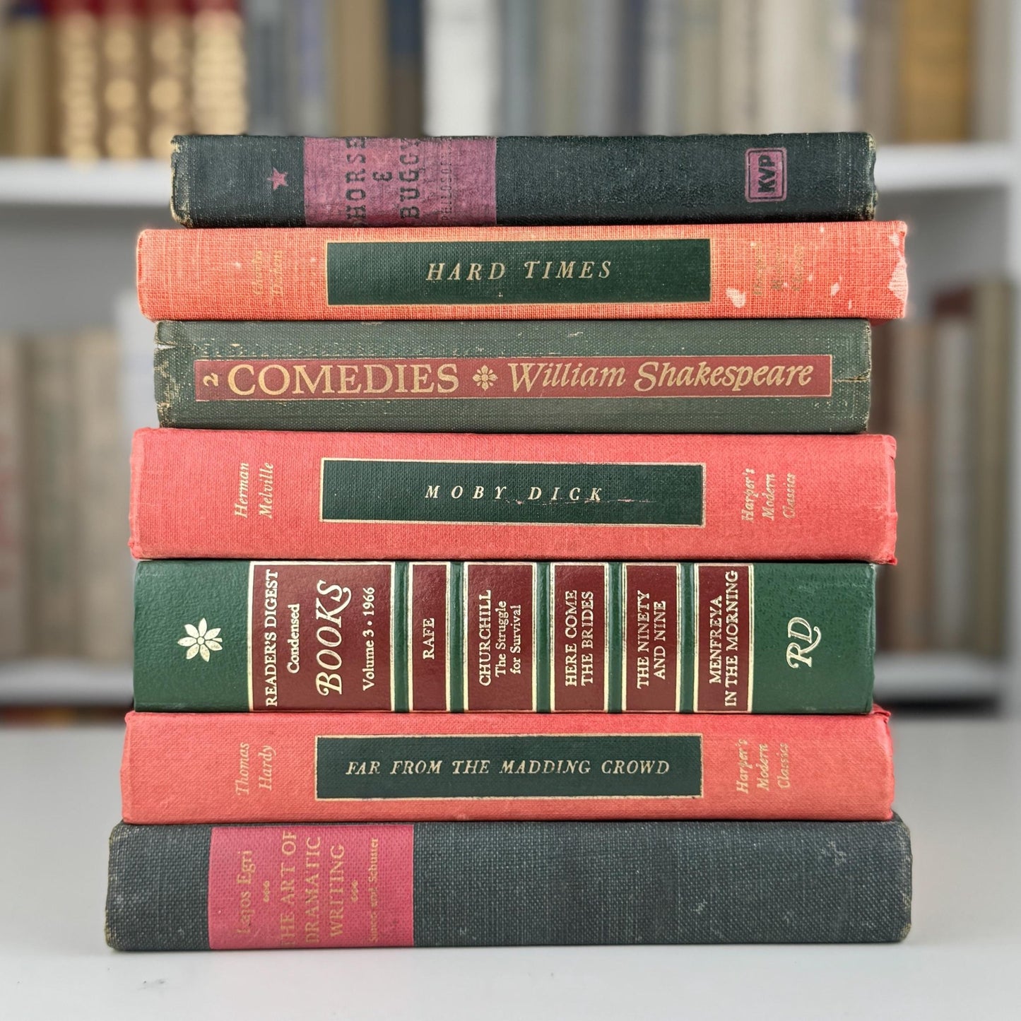 Vintage Red and Green Literature Book Bundle for Shelf Styling and Holiday Mantle Decor - Pretty Old Books